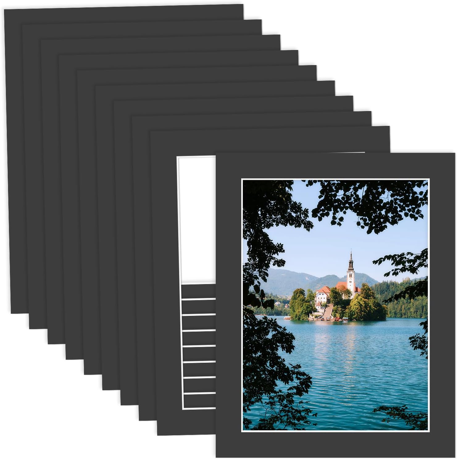 MBC Mat Board Center, 10 Pack 11x14 for 9x12 Black Picture Mats Frame Mattes, Bevel Cut, Acid Free, 4-Ply Thickness