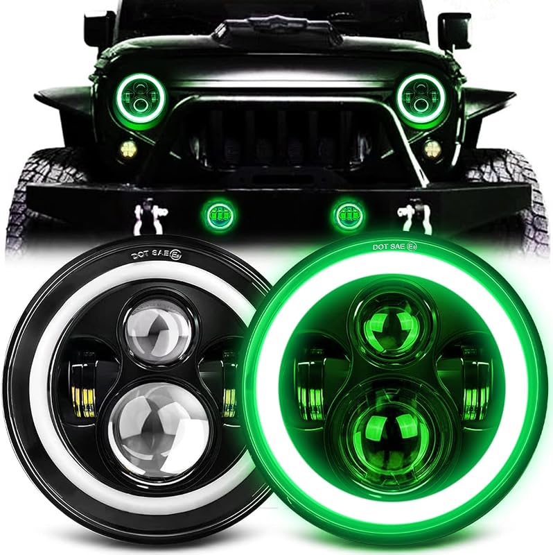 Farol de LED 7" MGLLIGHT com Halo Verde, DRL e seta âmbar para Wrangler, CJ, Defender e Hummer – Par