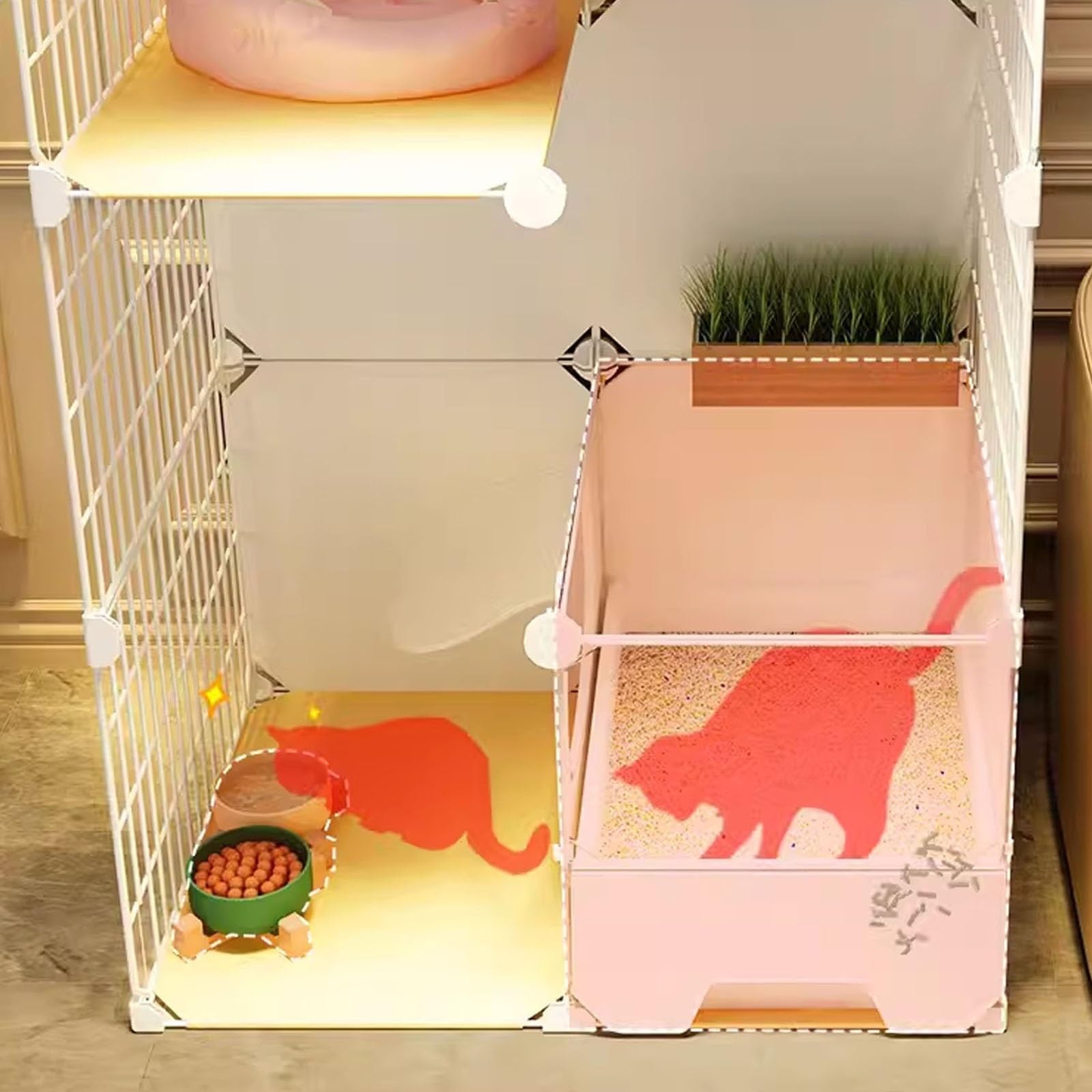 DIY Jaulas para Gatos Grandes, Corral para Gatos con Arenero, con Ruedas, Fácil de Mover. Base de Resina para Proteger Las Patas(107 * 47 * 112cm)