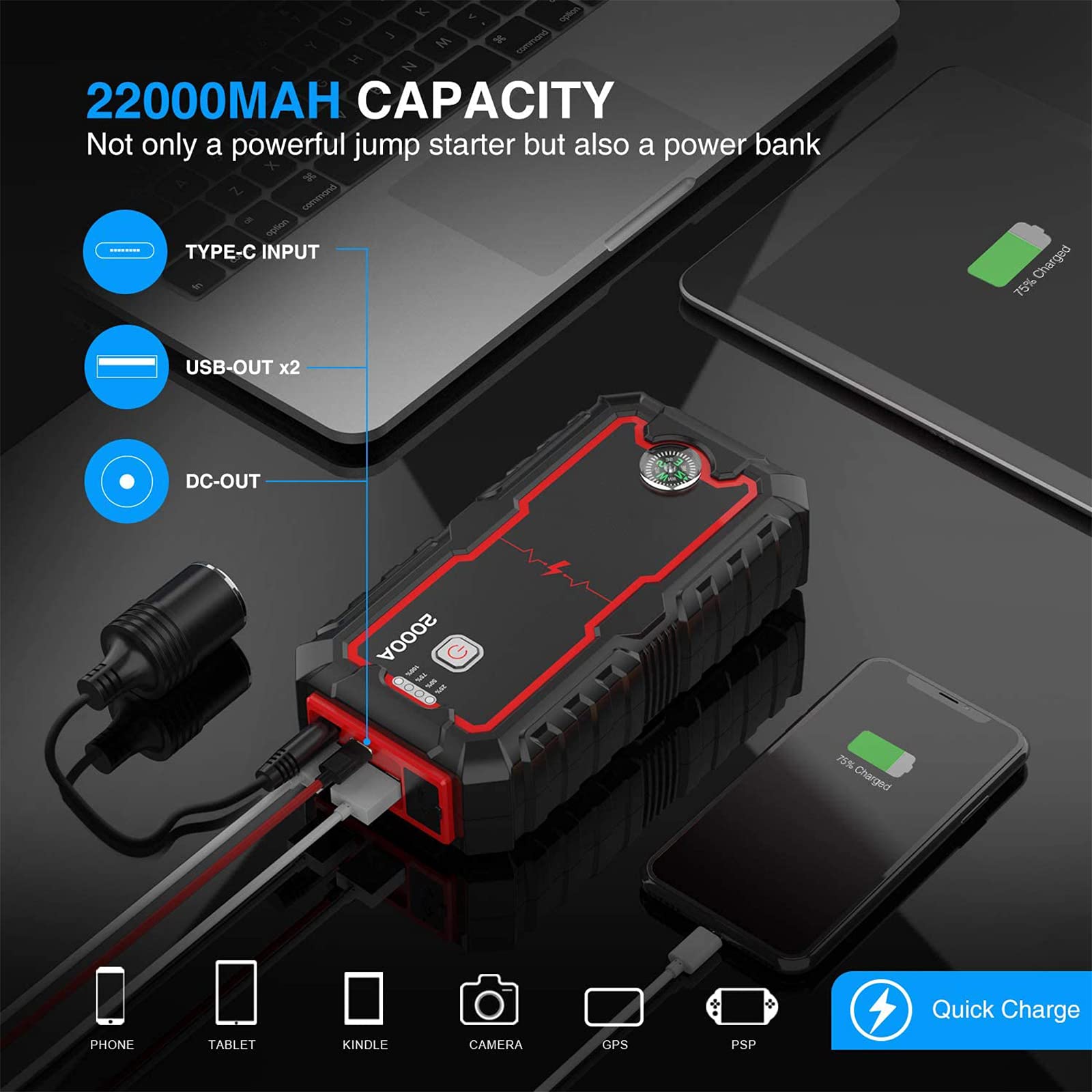 2000A Jump Starter Power Bank 12V Energía Inteligente Pantalla Digital Cargador Portátil Dispositivo de Arranque para Batería de Repuesto de Coche de Emergencia 6.0L / 4.0L,22000mAh