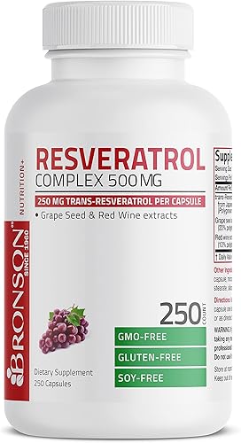 Miniatura 5 de Bronson Resveratrol 500 Complex Estandarizado Trans-Resveratrol + Extracto de Semilla de Uva y Vino Tinto, 250 Cápsulas