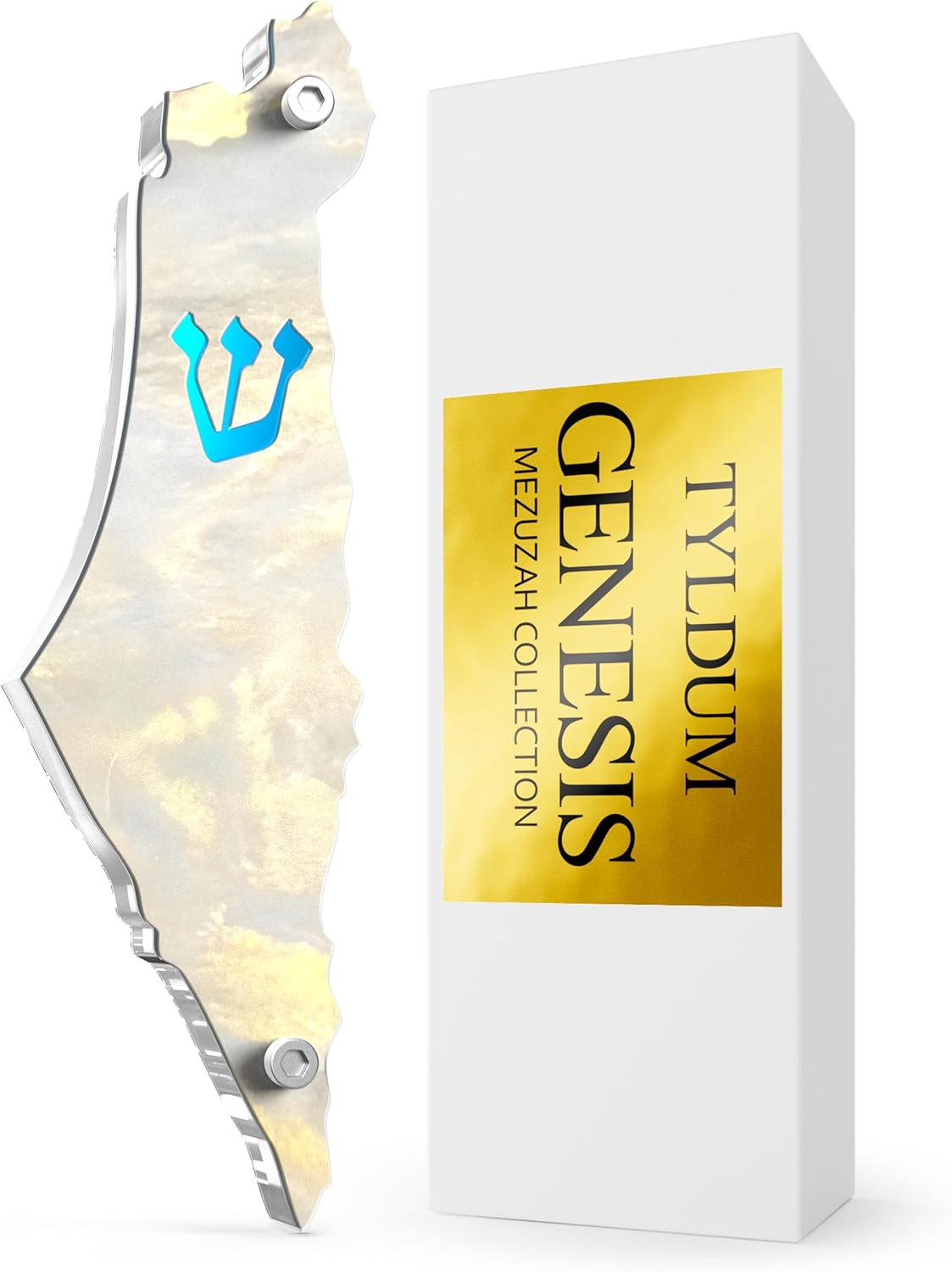 Genesis Mezuzah for Door – Modern Acrylic Mezuzah Case Without Kosher Scroll – Handmade in Canada Judaica Gift, Weatherproof, Jewish Artisan Design, Clear Case (Map, Golden White Clouds)