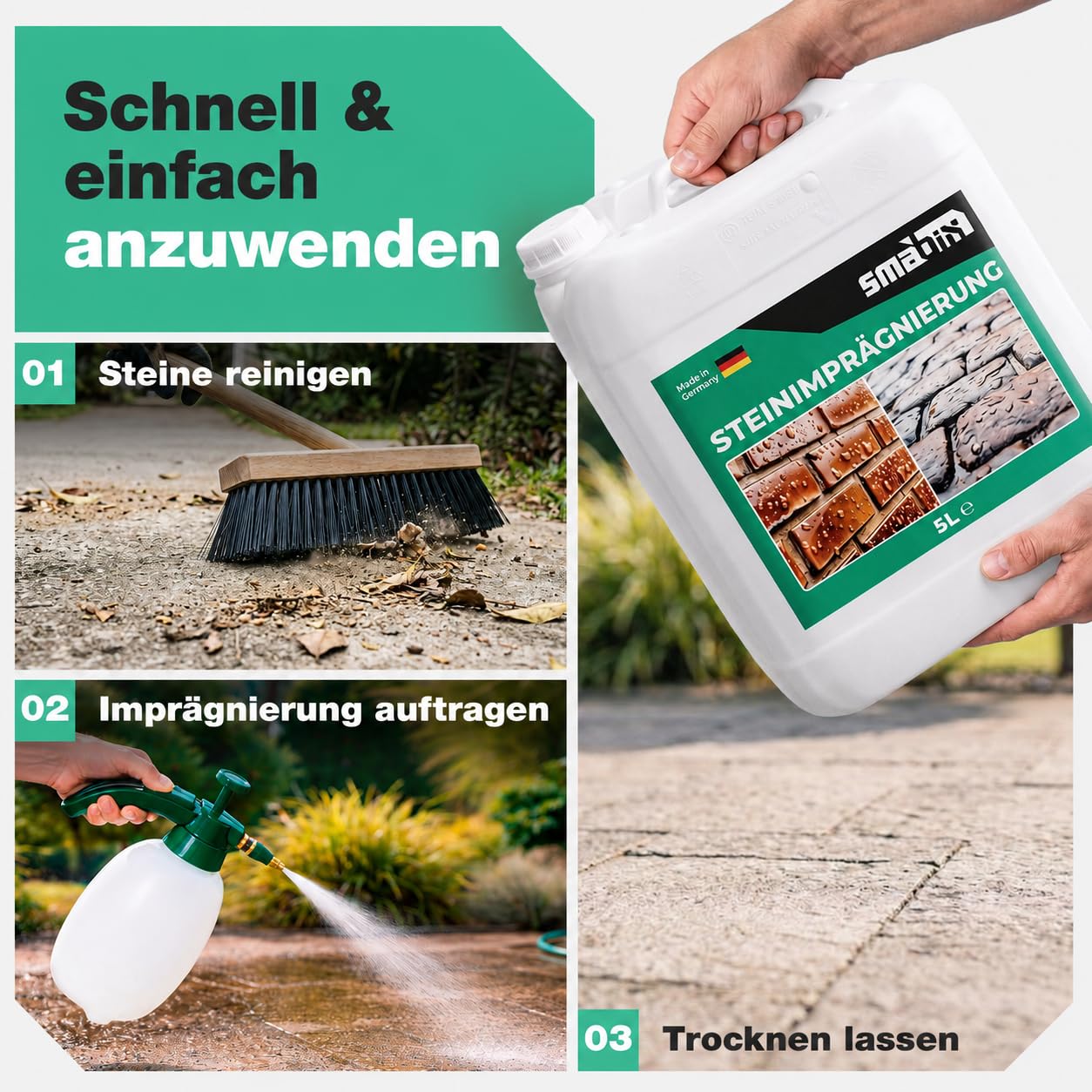 Smabix® [5L] Steinimprägnierung Außen I für 60 m² I Made in Germany, Schutz vor Feuchtigkeit, Imprägnierung für Terrassenplatten, Natursteine, Beton, Pflastersteine, Fassaden, Steinversiegelung Außen