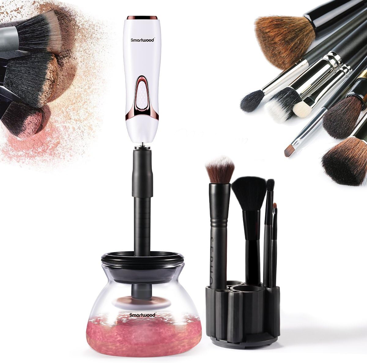 SMARTWOOD Makeup Brush Cleaner and Dryer, Completely Cleans and Dries Makeup Brushes in Seconds with 8 Rubber Holders, Suit for All Size Makeup Brushes