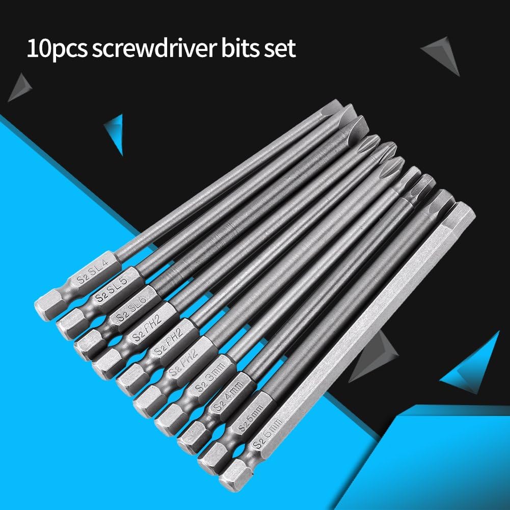 10pcs 1/4 Inch Magnetic Screwdriver Bits Hex Shank Slotted Screwdriver Bits & Cross Screwdriver Bits & Hex head Screwdriver Bits Set for Drill 100mm