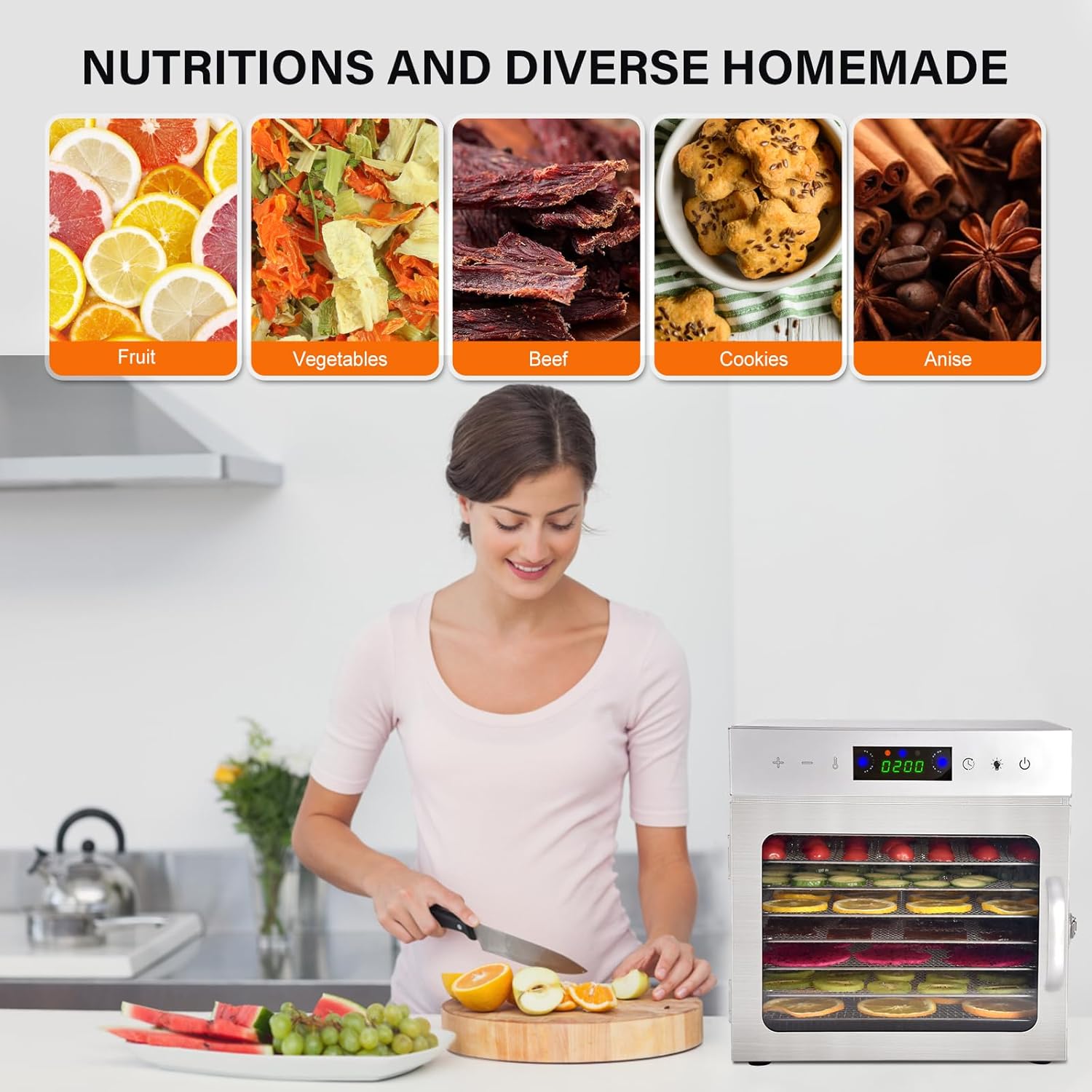 Stainless Steel 8-Tray Digital Food Dehydrator with Timer and Thermostat