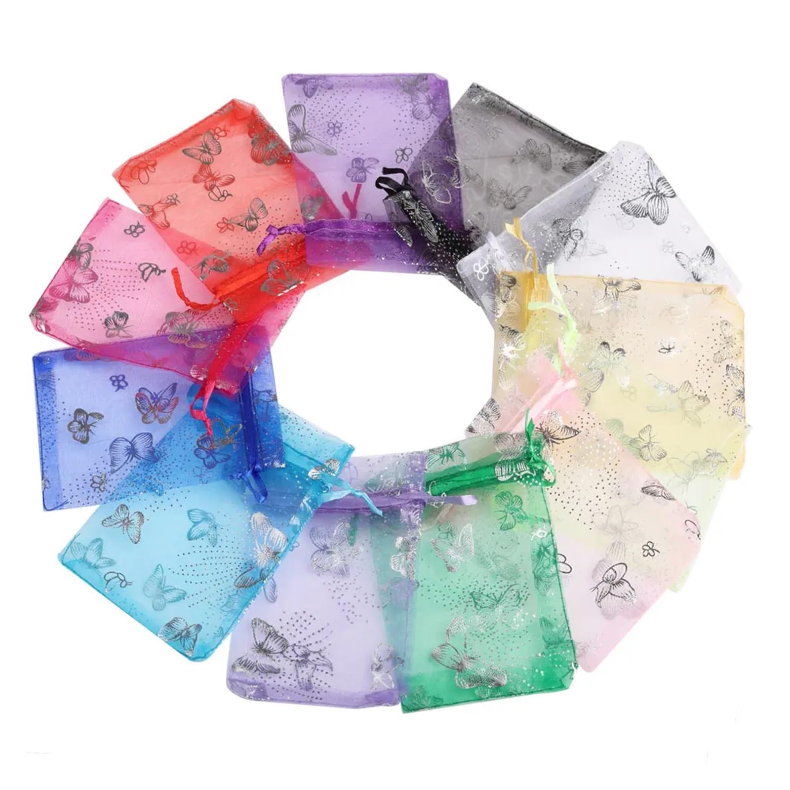 Pochon Tissu Lot de 50 sachets Cadeaux en Organza avec Motif Papillon et Cordon de Serrage(0mix,13x18cm)