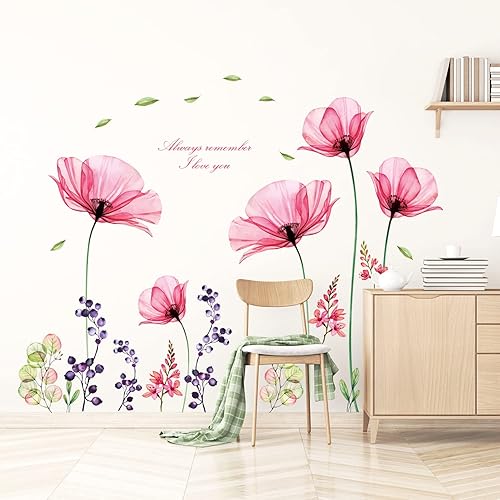 Miniatura 4 de DECOWALL SG2-106 - Calcomanías de pared con diseño de flores rosadas, diseño floral, vintage, para sala de estar, murales, despegar y pegar, para