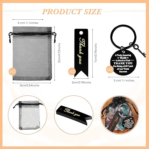 Miniatura 8 de Yinkin Juego de 12 llaveros de agradecimiento para empleados con bolsas de organza y tarjetas de agradecimiento
