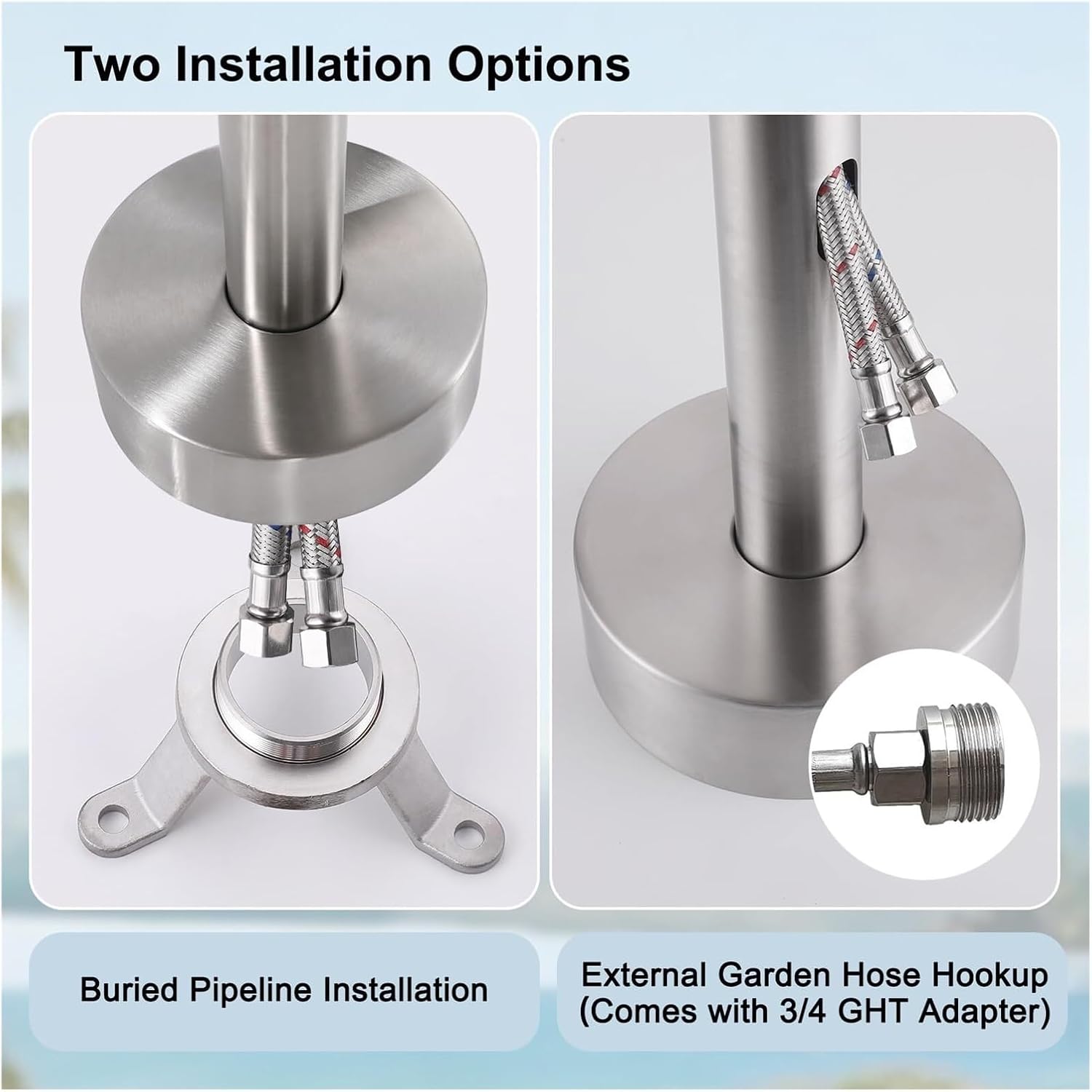 Height Adjustable Freestanding Outdoor Shower with Hose Hookup, Floor Mounted for Backyard, Poolside, Hot & Cold Water Option