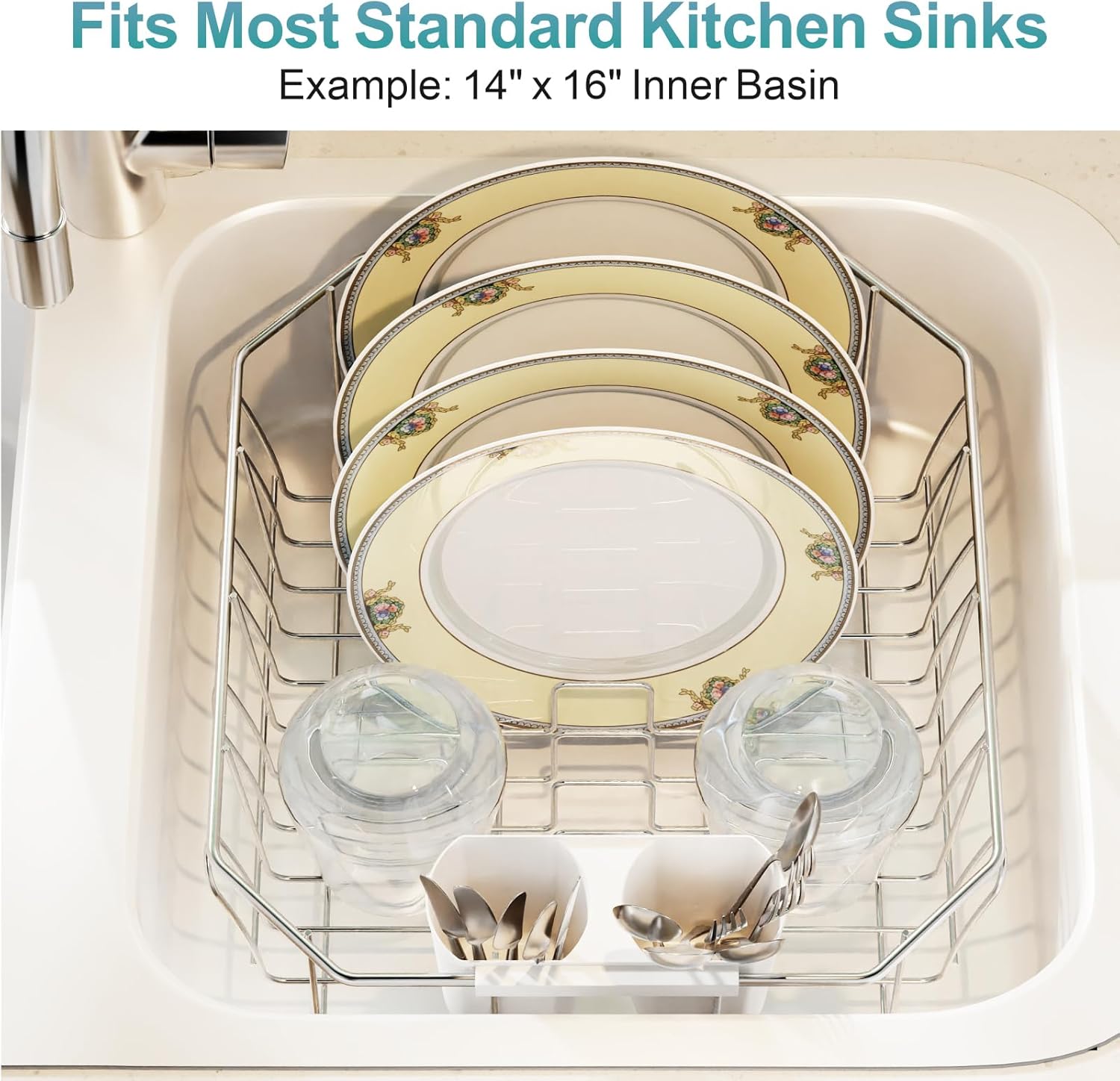 GSlife Small in Sink Dish Drying Rack - Stainless Steel Compact Dish Drainer for RV Kitchen Apartment Sink, Rust Resistant Inside Sink Rack, 1–2 Person Households, 13.1" W x 14.4" L, Silver