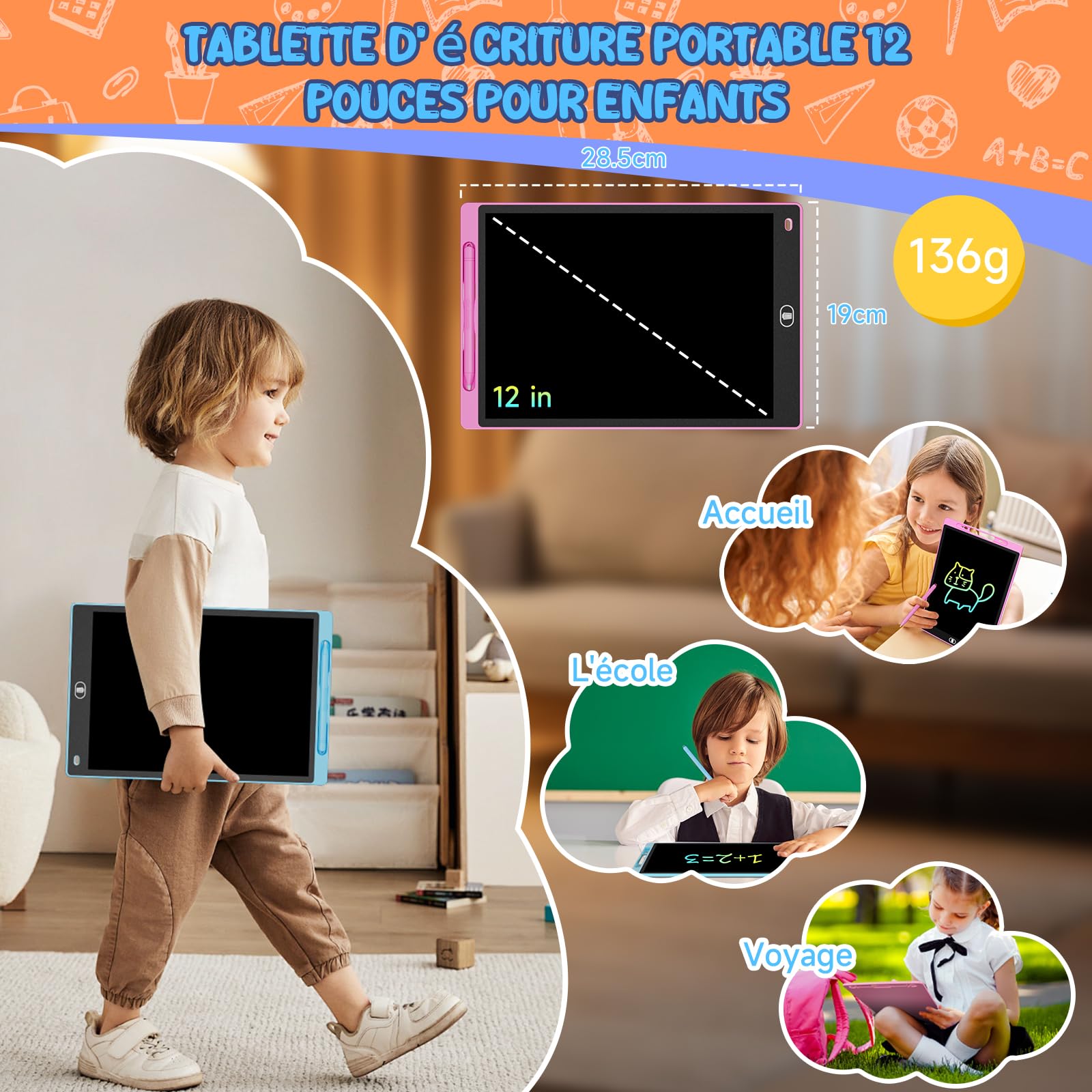 Tablette d'écriture LCD 12 Pouces Lot de 3 - Ardoise Magique Enfant avec Écran Sensible Pression & Couleurs Arc-en-Ciel