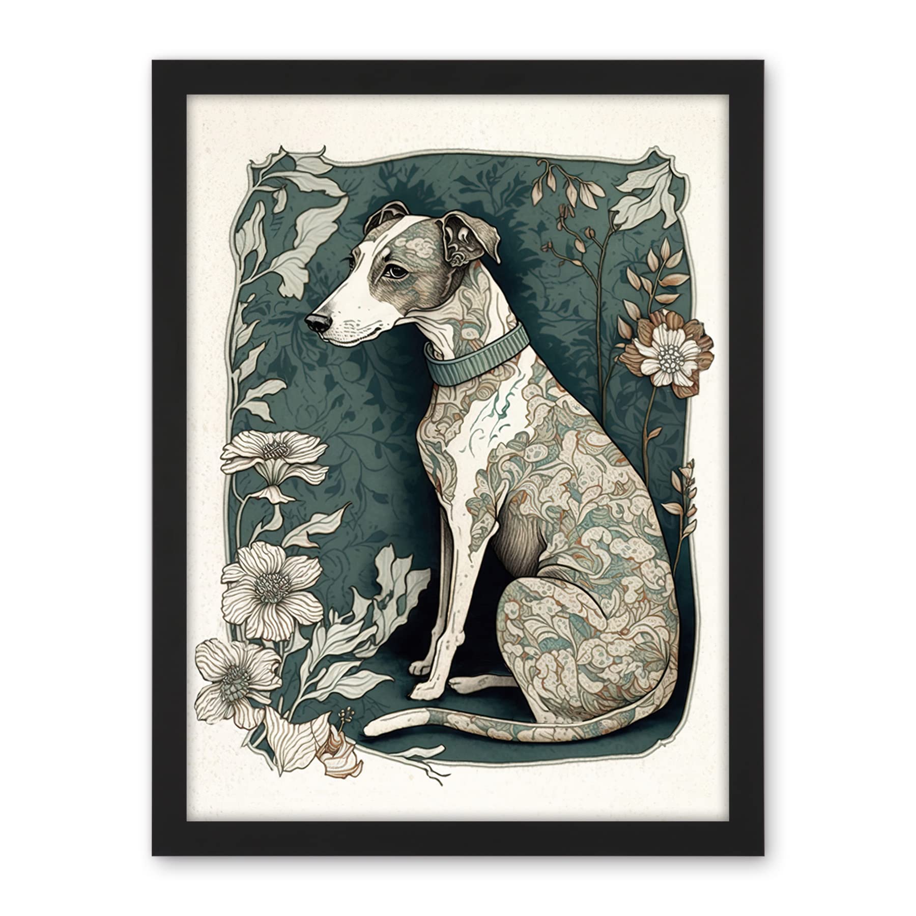 Artery8 Whippet Dog with Floral Pattern Fur Coat Art Nouveau Inspired Watercolour Illustration Artwork Framed Wall Art Print 18X24 Inch