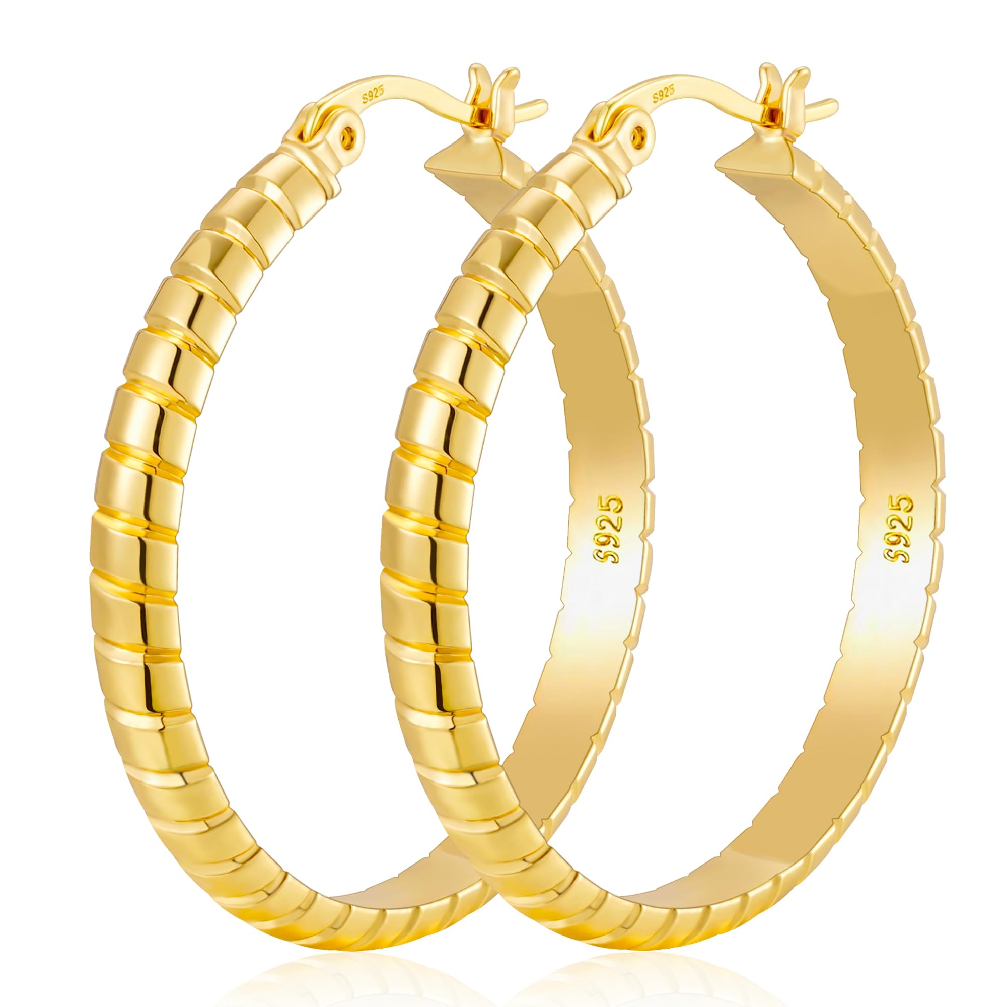 WEDDINEN 3mm Thick S925 Sterling Silver Hoop Earrings Large Gold Silver Hoop Earrings for Women Hypoallergenic Lightweight Big Hoop Earrings 30/40/50/