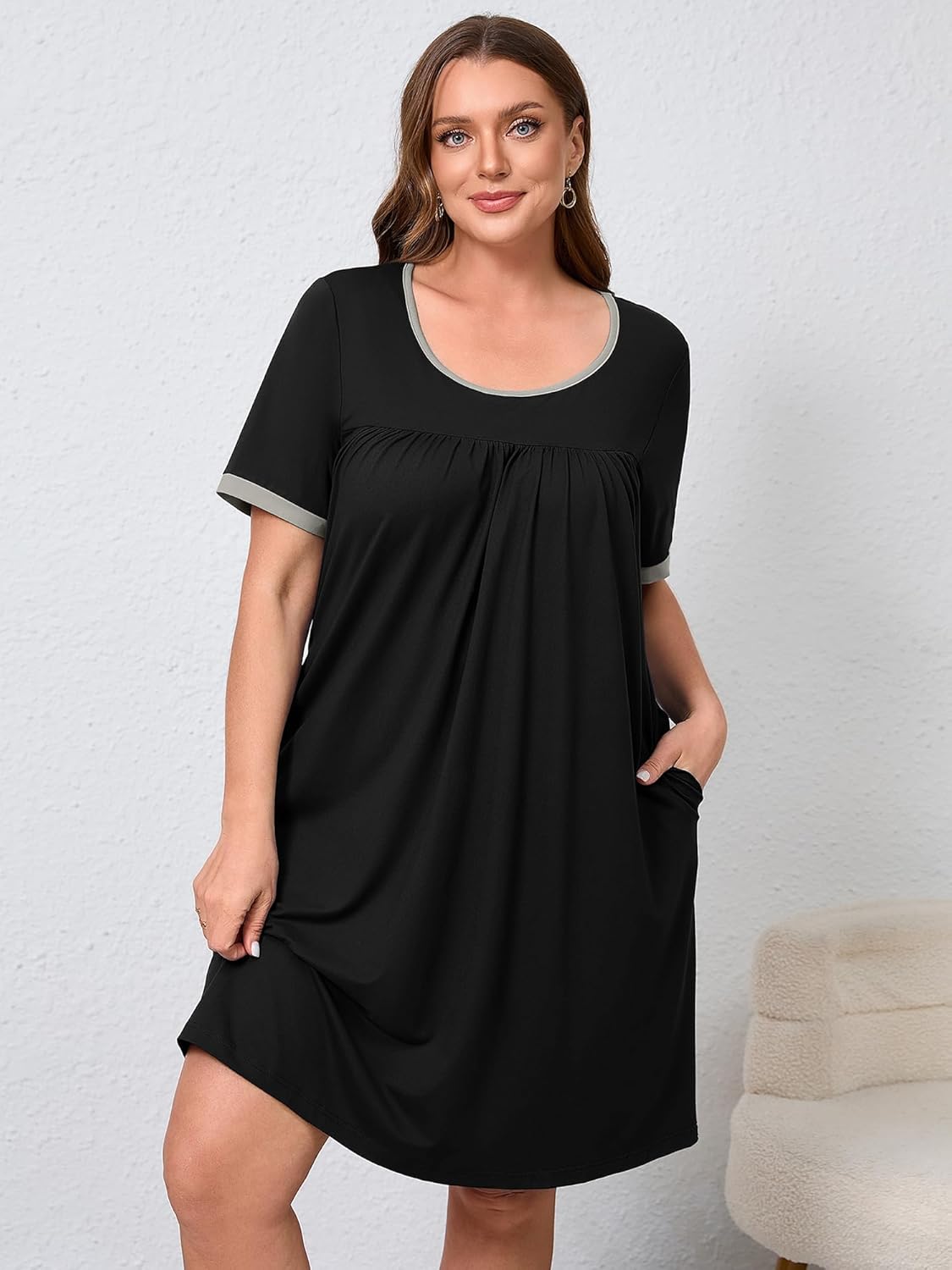 AusLook Plus Size Women's Nightgown Short Sleeve Sleep Dress Sleepwear Sleepshirts Pleated Scoopneck Nightshirt 1X-5X - Image 3