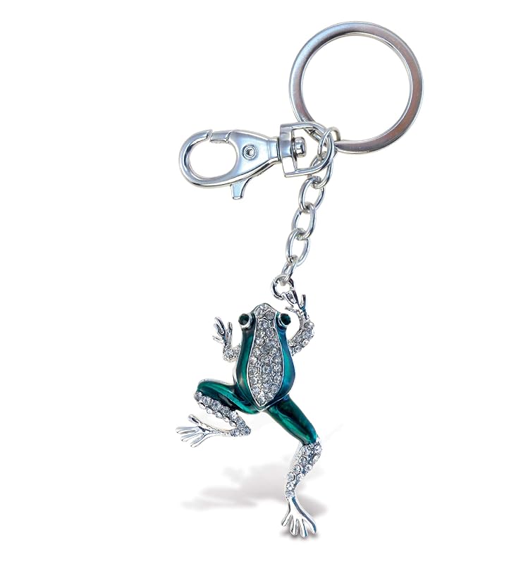 Chaveiro de Sapo Verde com Cristais Puzzled, Argola Prateada e Mosquetão, 11,4 cm