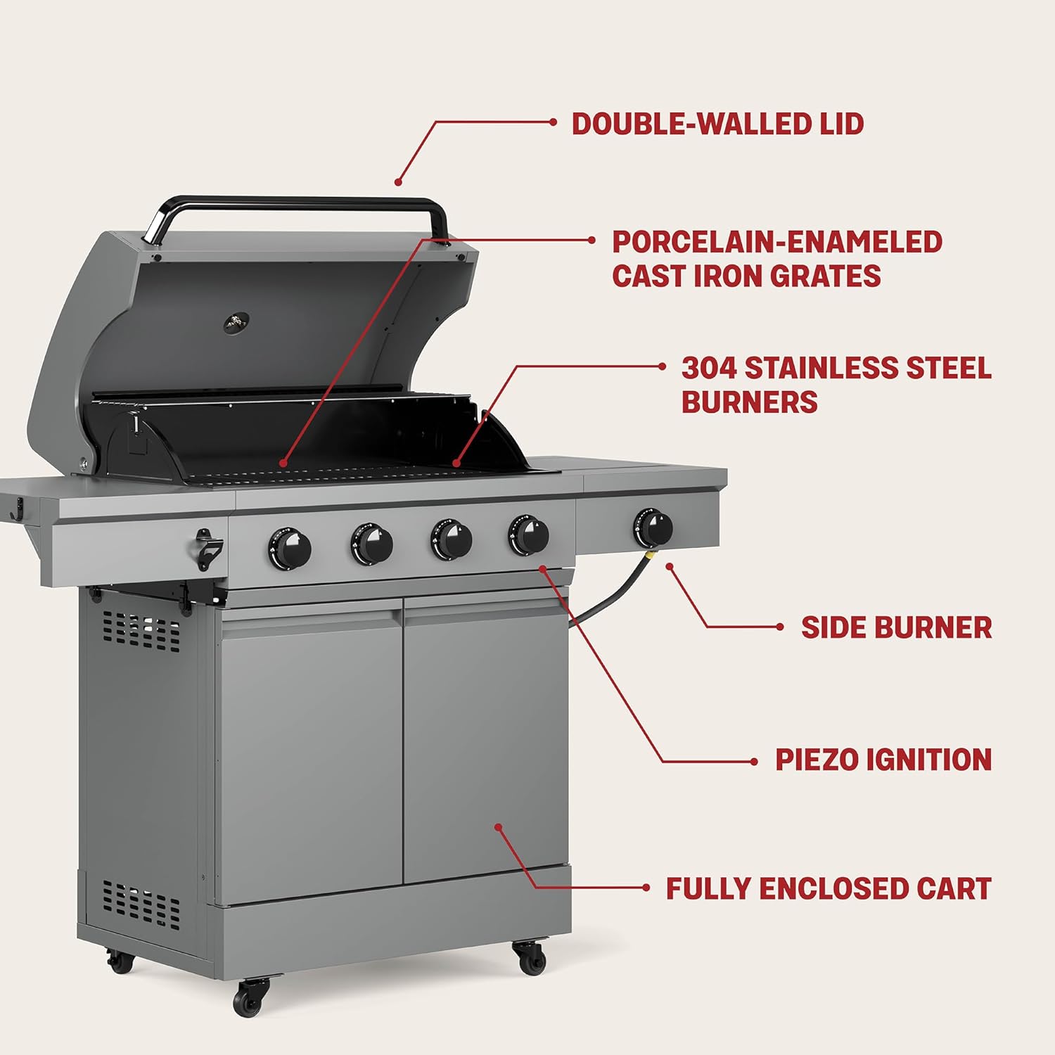 TYTUS Anaheim 5-Burner Propane Gas Grill Outdoor Cooking with Cover, 48,000 BTU Grill & 12,000 BTU Side Burner, 721 sq. in. Cooking Area, Enclosed Storage, Porcelain-Enameled Cast Iron Grates
