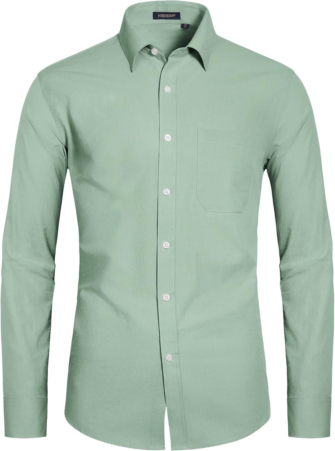 Size XL HISDERN 100 Mens Dress Shirt Long Sleeve Button Down Formal Shirts Regular Fit Solid Casual Business Cotton Shirts for Men G-bean Green
