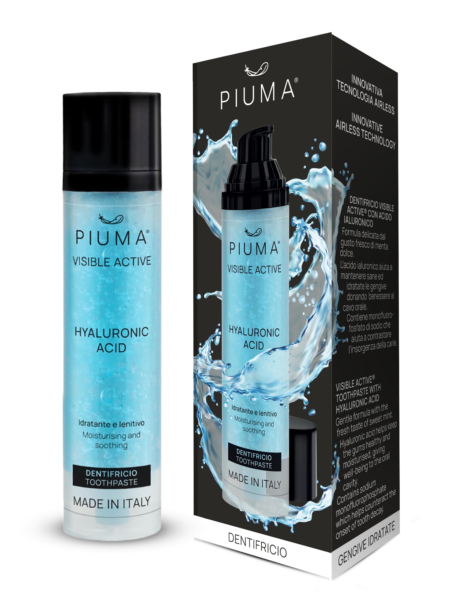 PIUMA Dentifricio Sbiancante Professionale con Acido Ialuronico per Denti Bianchi, Sbiancante Denti con Menta Dolce, Dentifricio Naturale in Packaging Riciclabile 50 ml