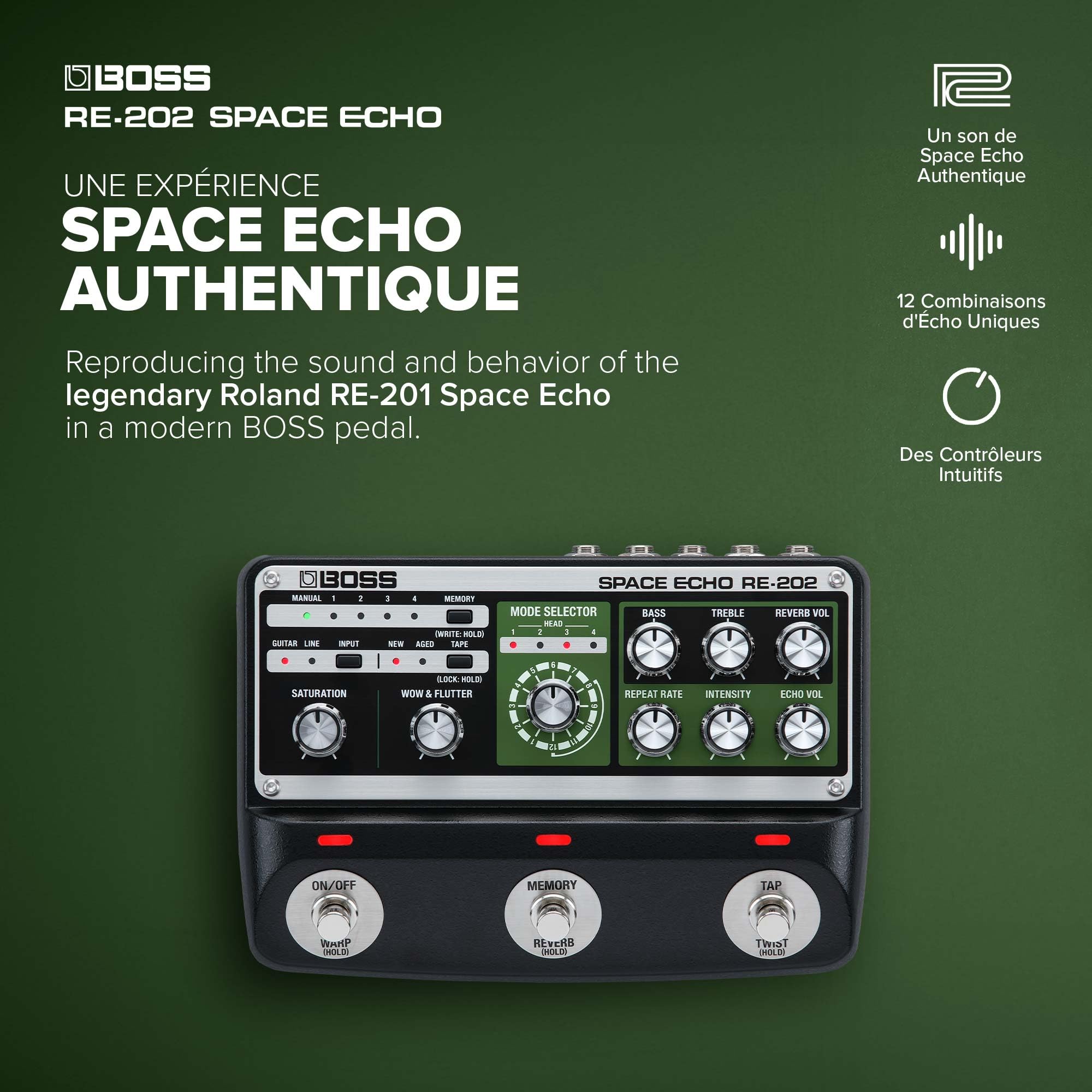 BOSS RE-202 Space Echo | Pédalier de delay, reverb et écho à bande | Une recréation moderne compacte du légendaire Roland RE-201 Space Echo | Véritable stéréo | Reverb à ressort