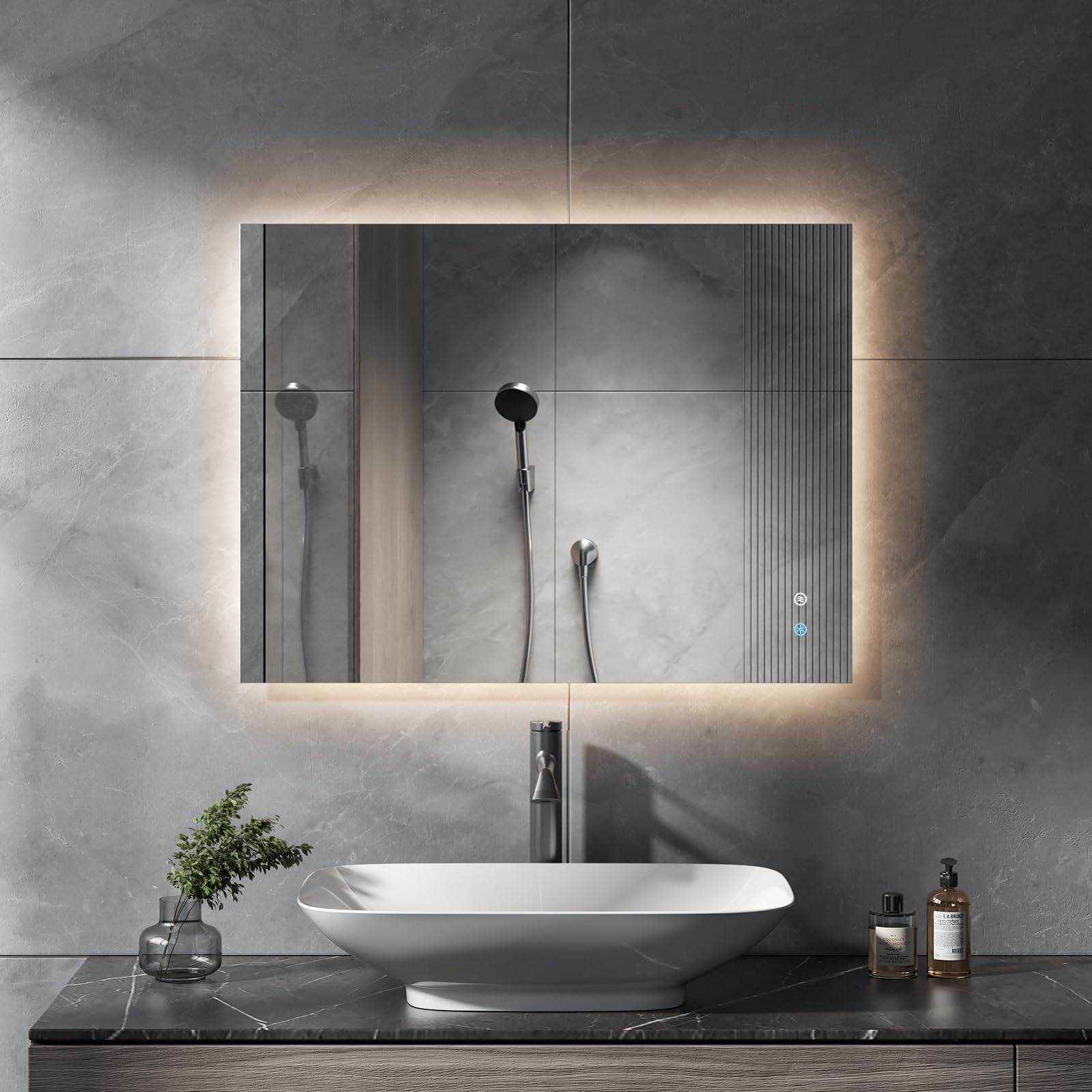 Badspiegel mit Beleuchtung Rechteckig 60x80cm,Touch-Schalter, Dimmbar,Beschlagfrei,3 Lichtfarben Dimmbarer LED Bad Spiegel Ohne Rahmen,Vertikal,Horizontal Montage(NHYJ6812D)