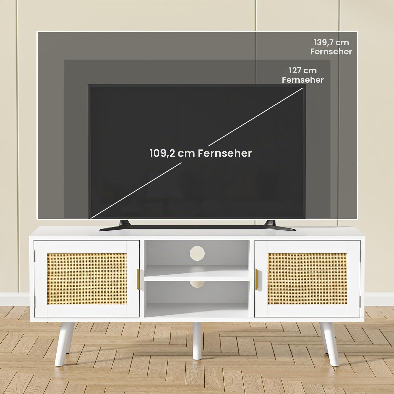 TV Schrank 120 x 40 x 49 cm TV Lowboard mit 2 Türen und 2 offenen Regalfächern, Ráttan Fernsehschrank für Fernseher bis zu 55 Zoll, TV Board für Wohnzimmer, Esszimmer, Schlafzimmer, Weiß