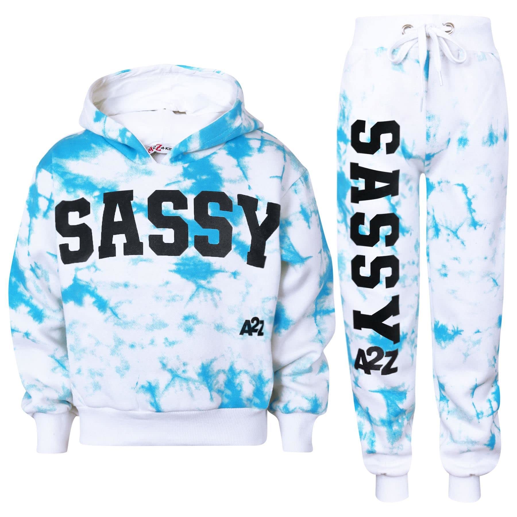 A2z 4 Kids Girls Blue Tracksuit Tie Dye Sassy Fleece Hooded Crop Top - T.s Crop Sassy 13