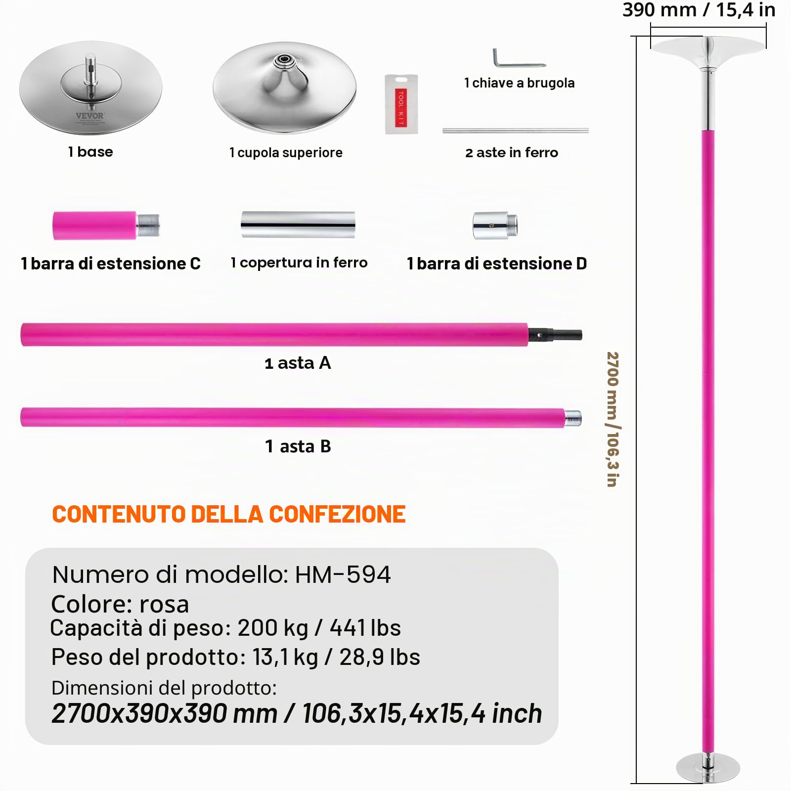 VEVOR Asta da Ballo, Asta da Ballo Portatile per Pole Dance Professionale Circa 216,3-270 cm, Asta da Fitness Rimovibile Regolabile in Altezza, Asta da Ballo statica da palestre