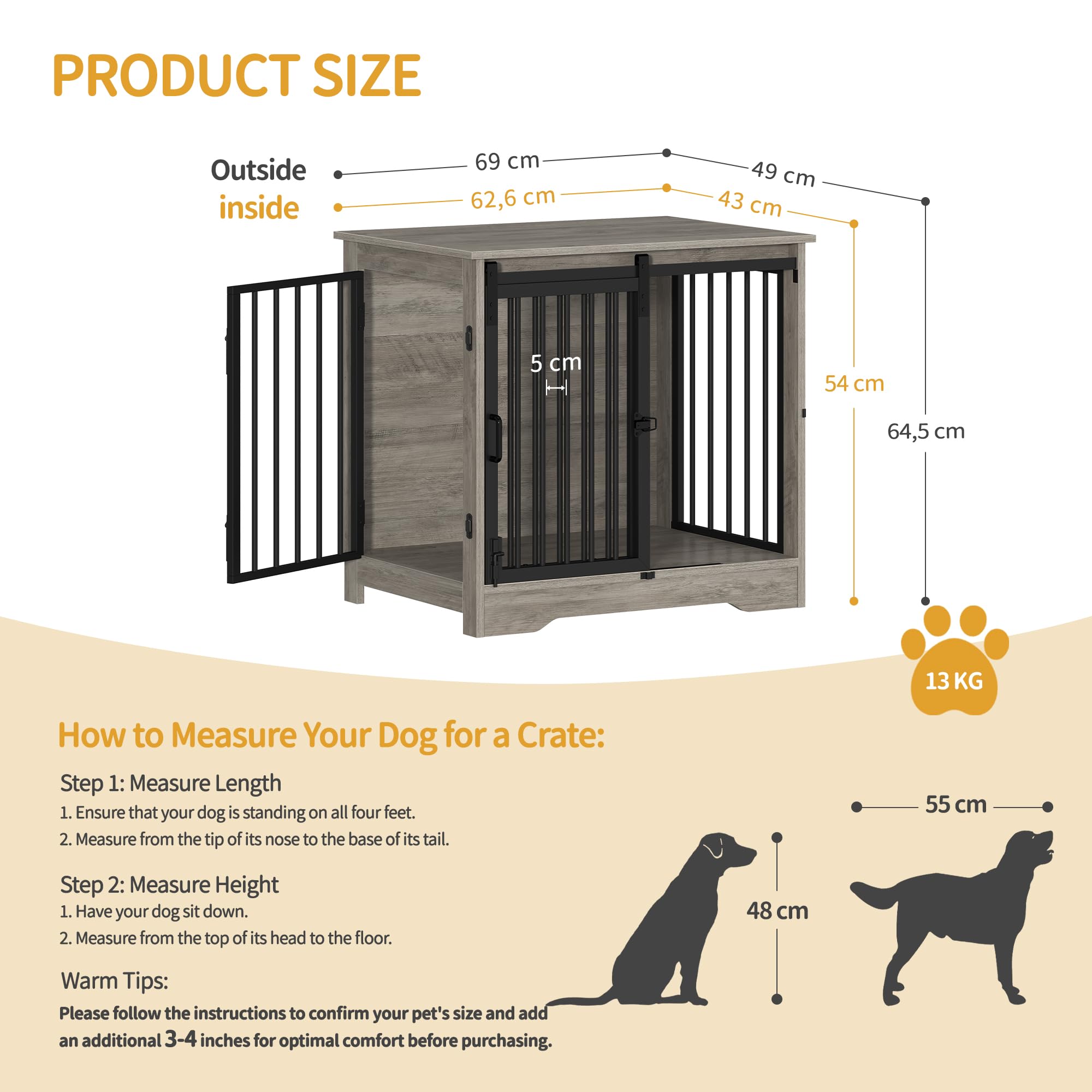 Hzuaneri 69 cm Cage pour Chiens, Table d’Appoint, Niche Moderne pour Chiens, Cage pour Chiots, Maisonnette pour Animaux, 2 Portes, 69 × 49 × 64,5 cm, Ivoire Clair DFC84305B