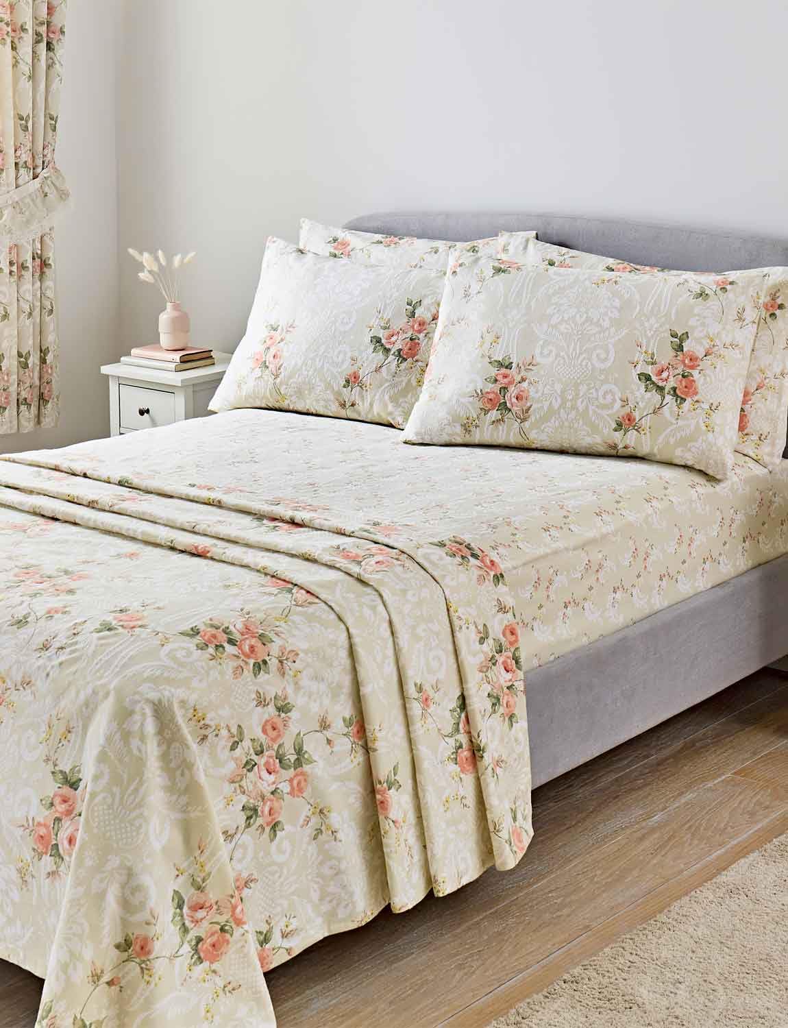 Vantona Charlotte Flannelette Sheet Set Luxurious Brushed Cotton with Floral Print Cream Double