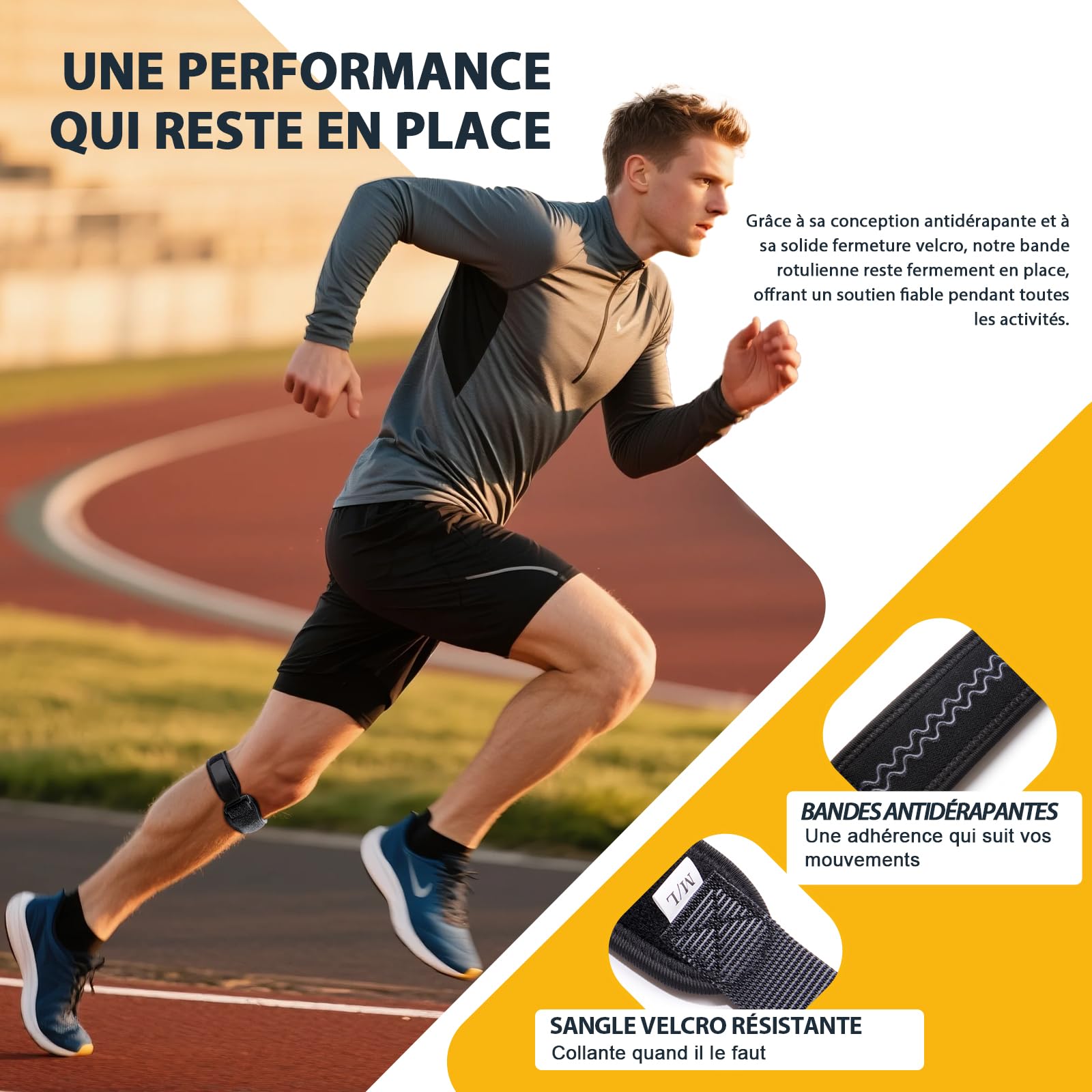 Bande patellaire pour sport, fitness et quotidien – Genouillère réglable contre la tendinite patellaire, genou du coureur et douleurs au genou – Bande unisexe pour taille M/L, 2 pièces