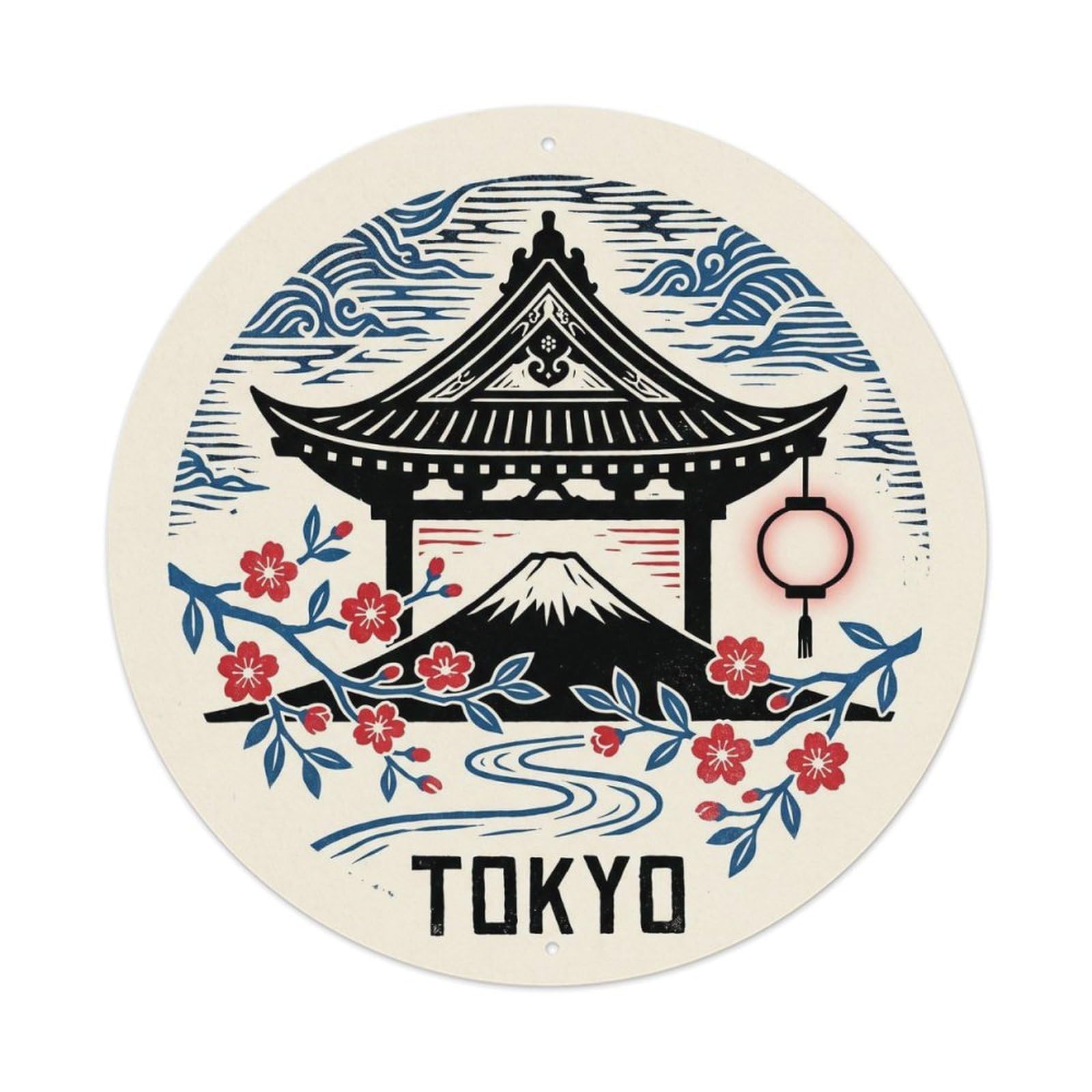Tokyo Woodcut Vintage Travel Temple Cityscape Japan Landmark Metal Tin Sign Plaque Wall Decor for Cafe, Man Cave, Club Bar, Office, Home Garden Round Metal Poster 8x8Inch