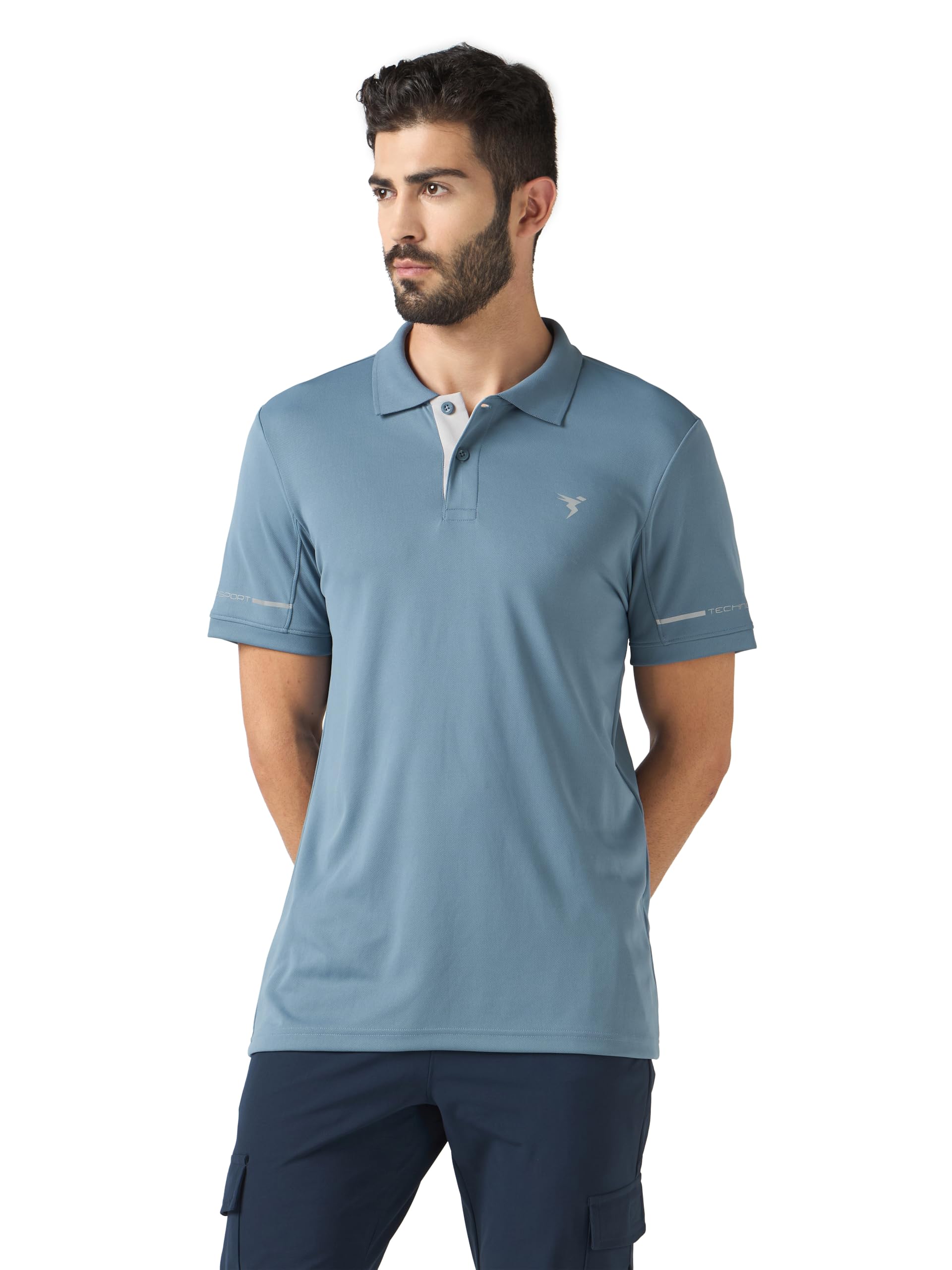 Men's Polyester Regular Fit Polo Neck Half Sleeve Self Design T-Shirt with Quick Dry, Anti-Microbial Properties for Gym, Sports and Regular Use-image-33