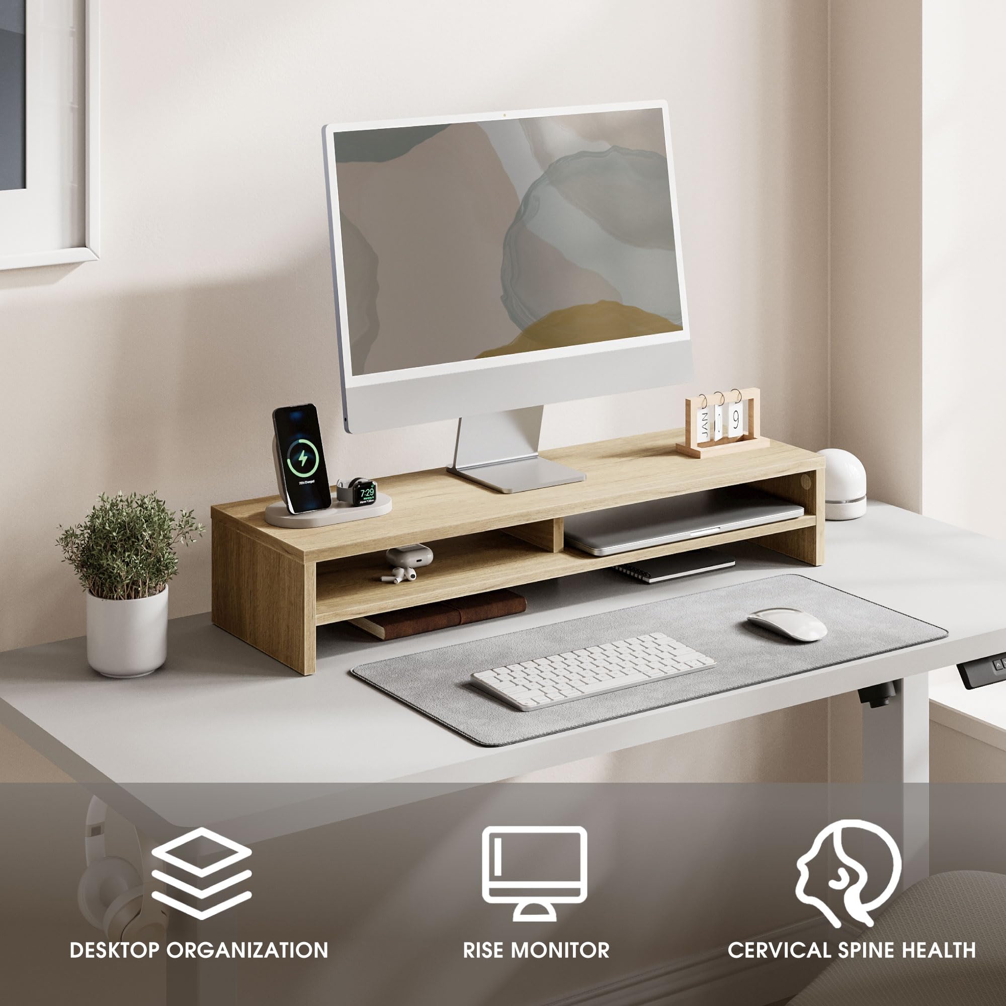 Fenge Podnośnik do monitora 2-poziomowy, drewniany stojak na monitor komputerowy, organizer biurkowy dla PC/laptopa/drukarki/telewizora 80x23,5x14,2cm, maksymalne obciążenie 25KG, brązowy (dąb)