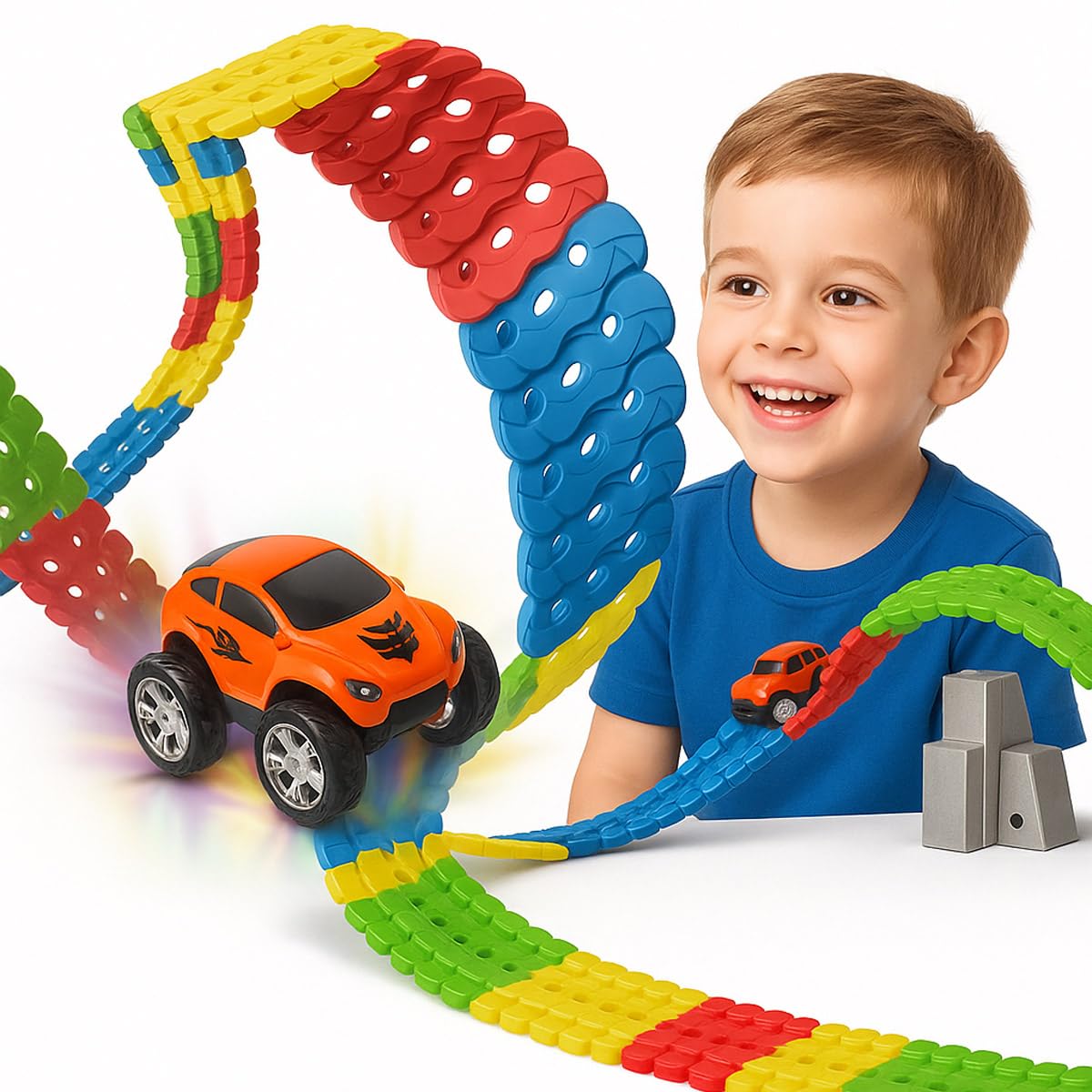 Toyana 184 PCs Flexible Race Magic Car Race Track Set, DIY Bendable Zero Gravity Track Playset with LED Light Up Racing Car Construction Building Kids Toy Gift for Boys Girls Toddler Ages 3+ Year