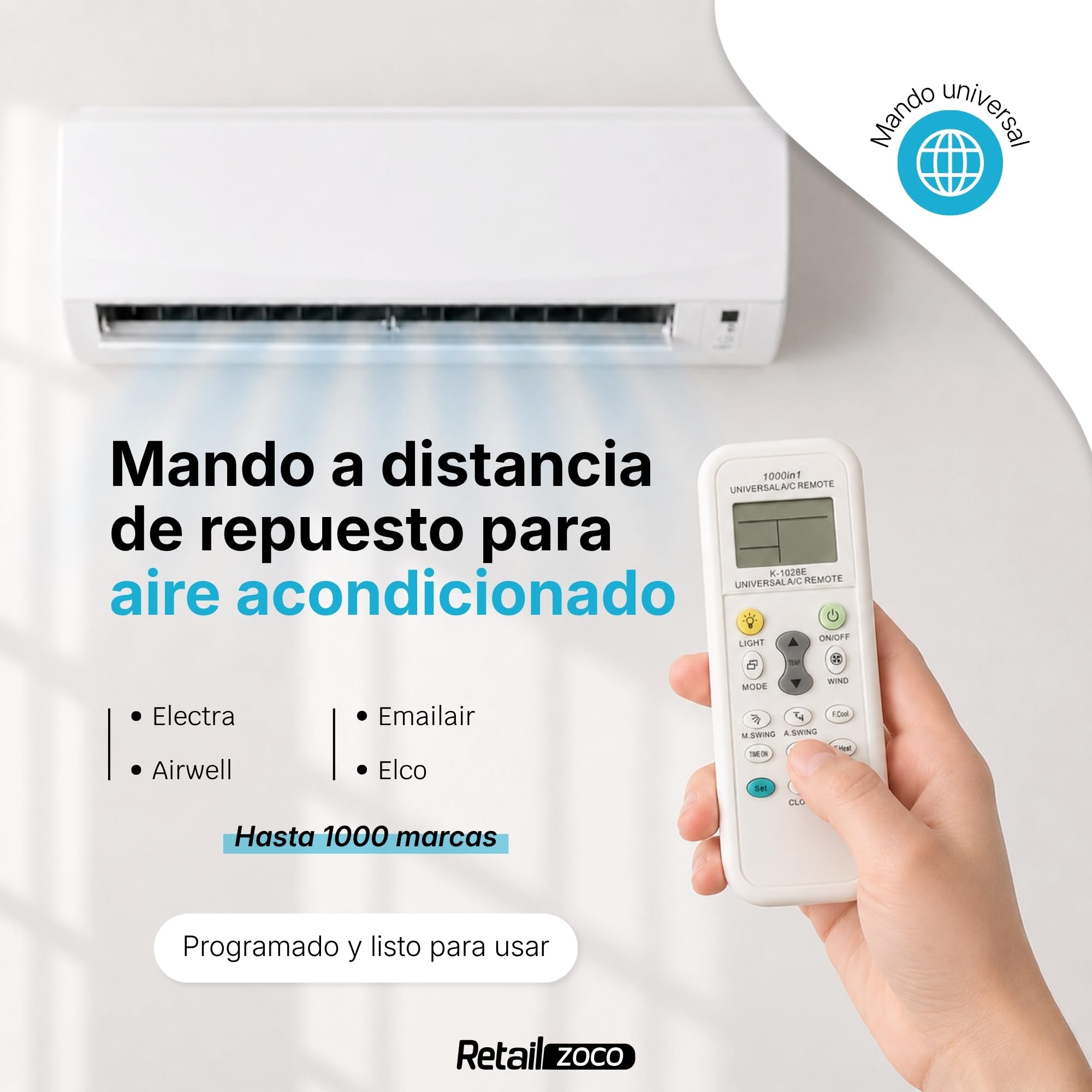 Mando Universal para Aire Acondicionado, Mando Distancia are Acondicionado, K-1028E, 1000 en 1 A/C Control Remoto LCD Digital, Compatible con hasta 1000 marcas de aire acondicionado - imagen 2