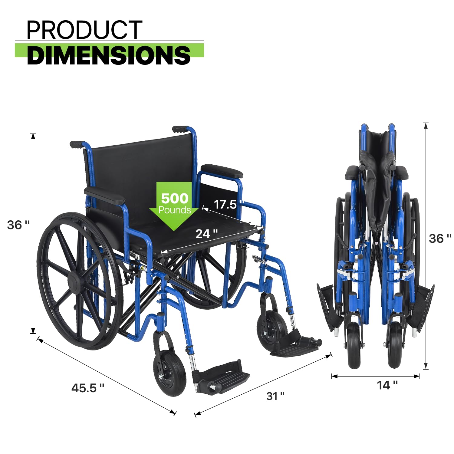 Magshion 500 lb Bariatric Wheelchair – Extra-Wide 24” Seat, Heavy-Duty Foldable All-Terrain for Adults & Seniors – Blue Frame