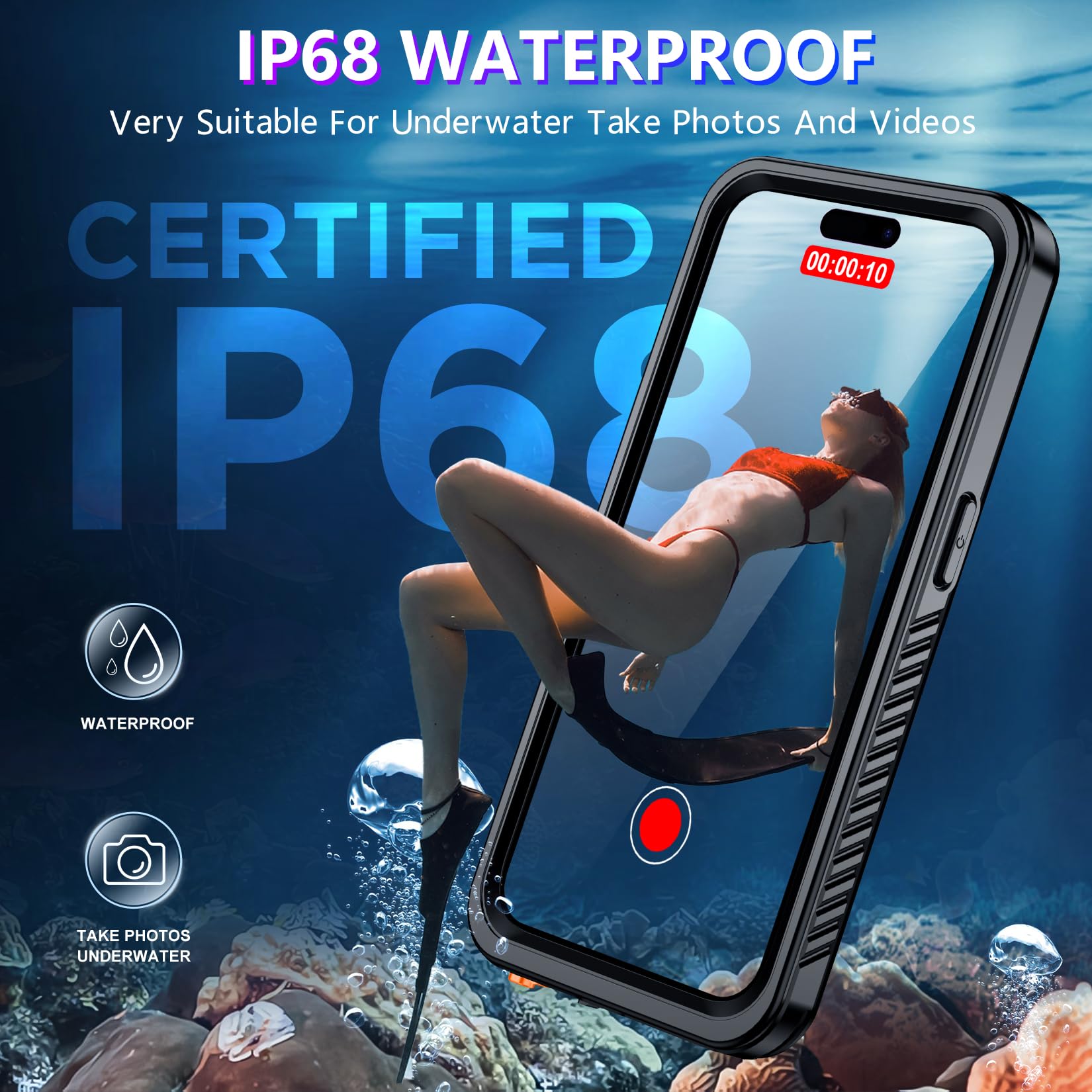 Funda impermeable para iPhone 15 de 6,1", diseño 2025, protección antigolpes grado militar, protector de cámara de cristal y de pantalla integrado, IP68 para uso bajo agua, resiste polvo y caídas