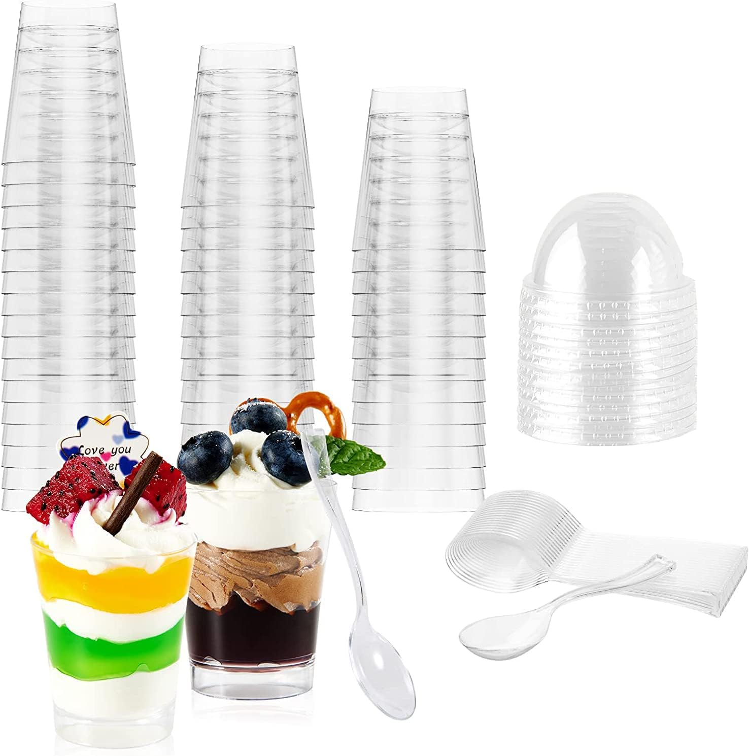 Cymax 50 Pack 90ml Plastic Dessert Cups with Reusable Lids and Spoons