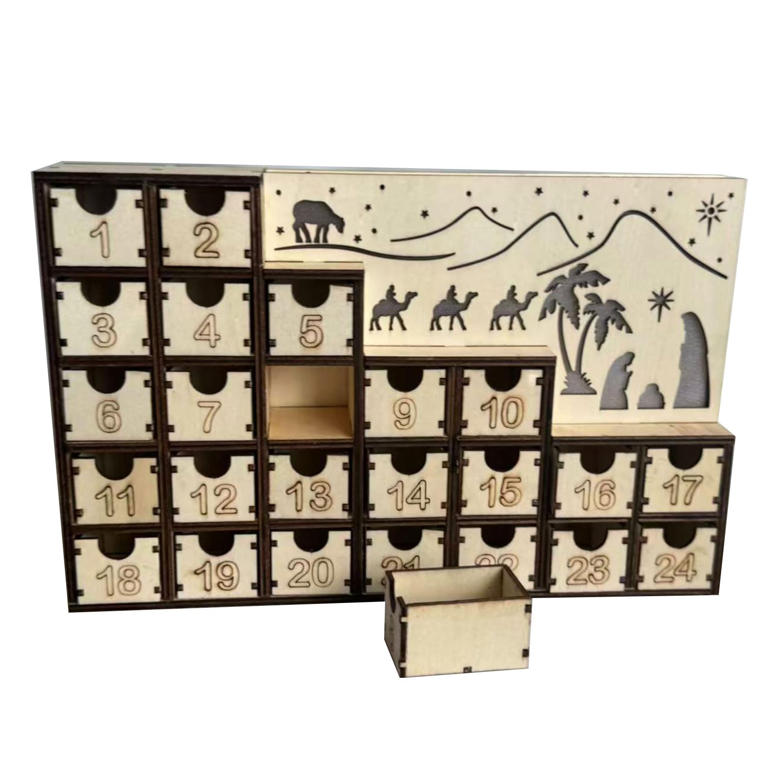 Greabuy Weihnachtskrippen-Adventskalender aus Holz mit integrierten LED-Lichtern, Urlaubs-Countdown-Ornament & Heimdekoration, aus Holz, beleuchteter Adventskalender
