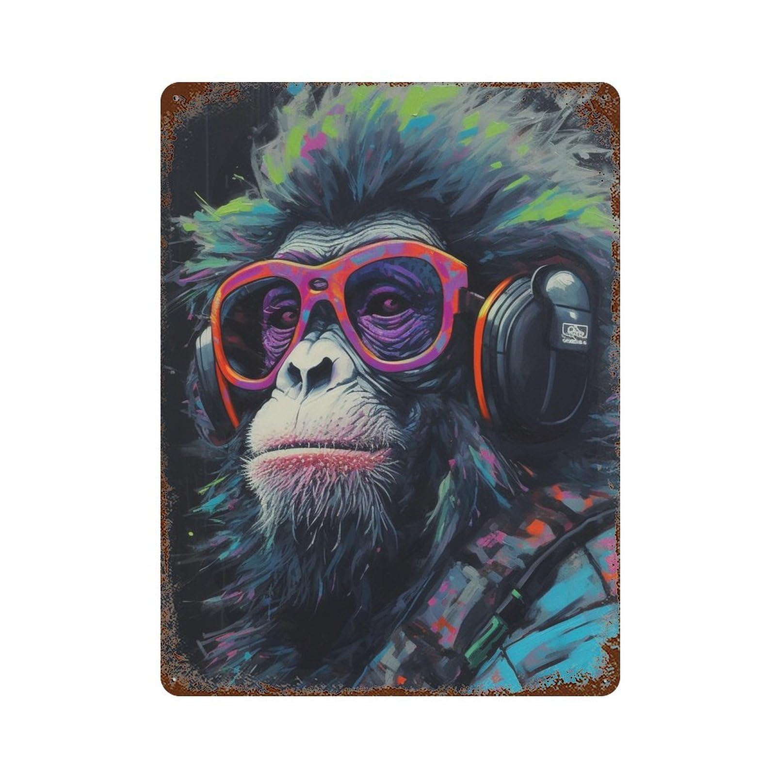 Gorilla Headphones Sunglasses Art Print Vintage Rust Metal Sign 15.7"x11.8", for Basement, Hobby Room And Garage Decor, Retro Wall Decor