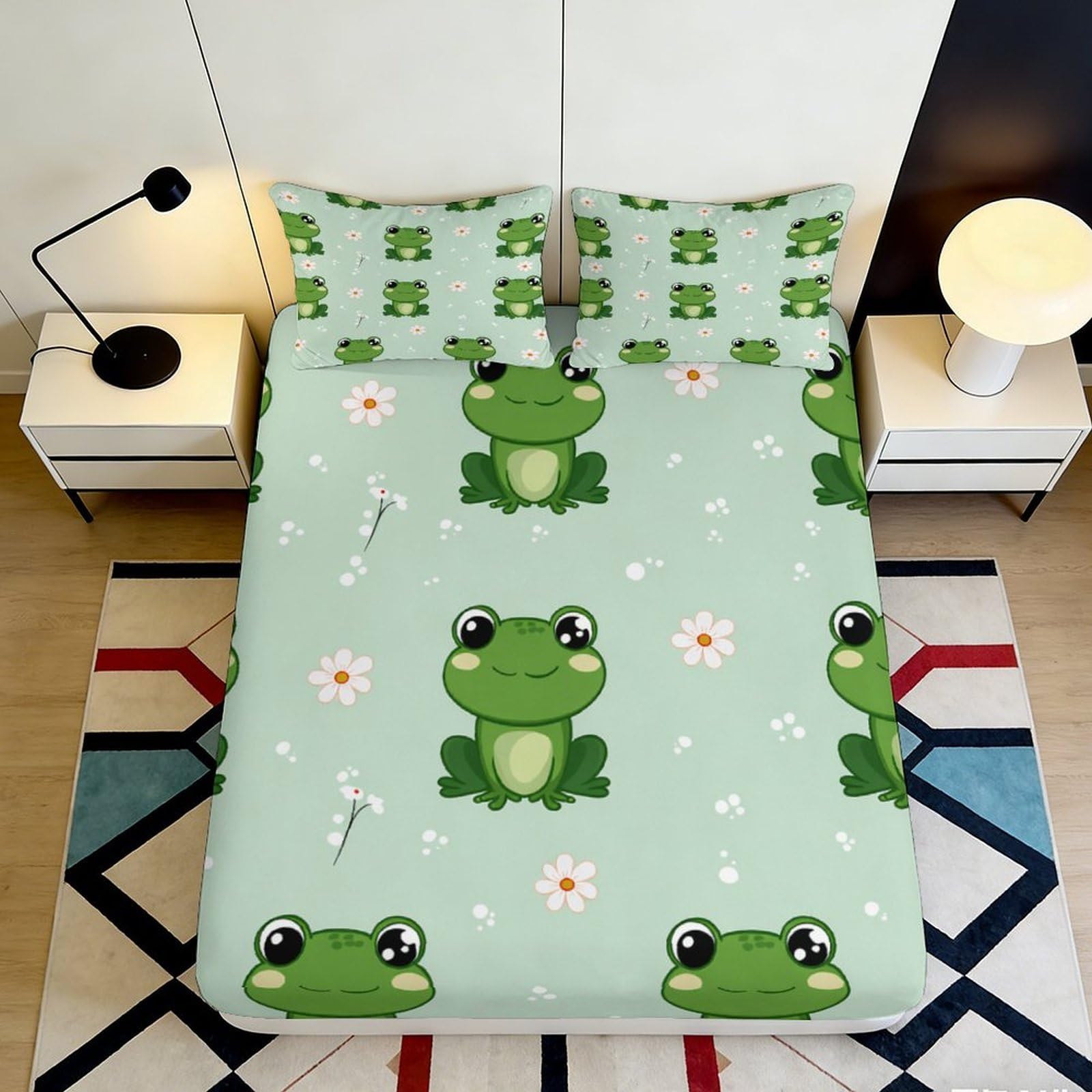 3D Printed Cartoon Frog Fitted Sheet Microfiber Soft Anti-Slip Mattress Cover Green Animal Decor for Bedroom Guest Room 160x200x25cm