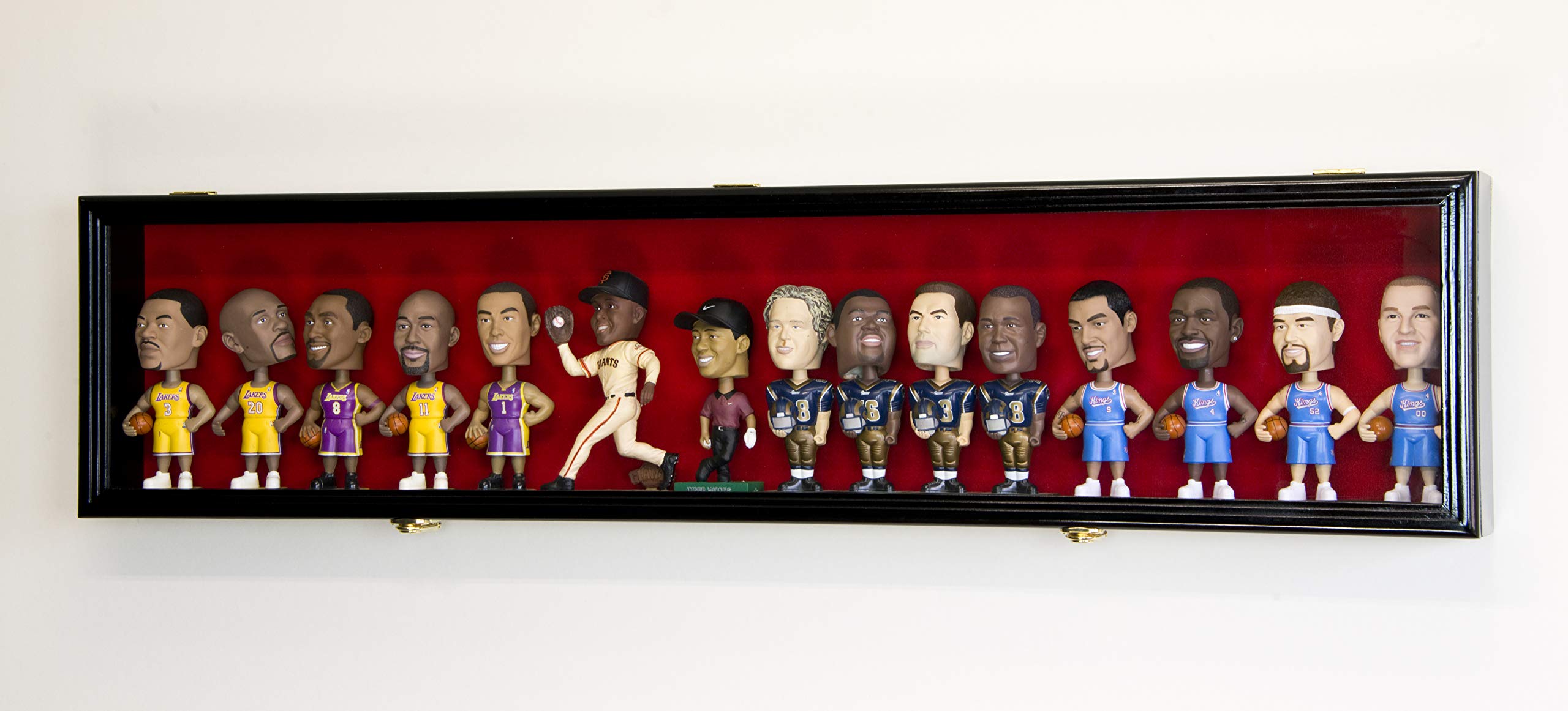 sfDisplay.com,LLC. Horizontal Bobble Head Action Figures Doll Display Case Cabinet Wall Rack - Lockable (Black Wood Finish, Red Felt Background)