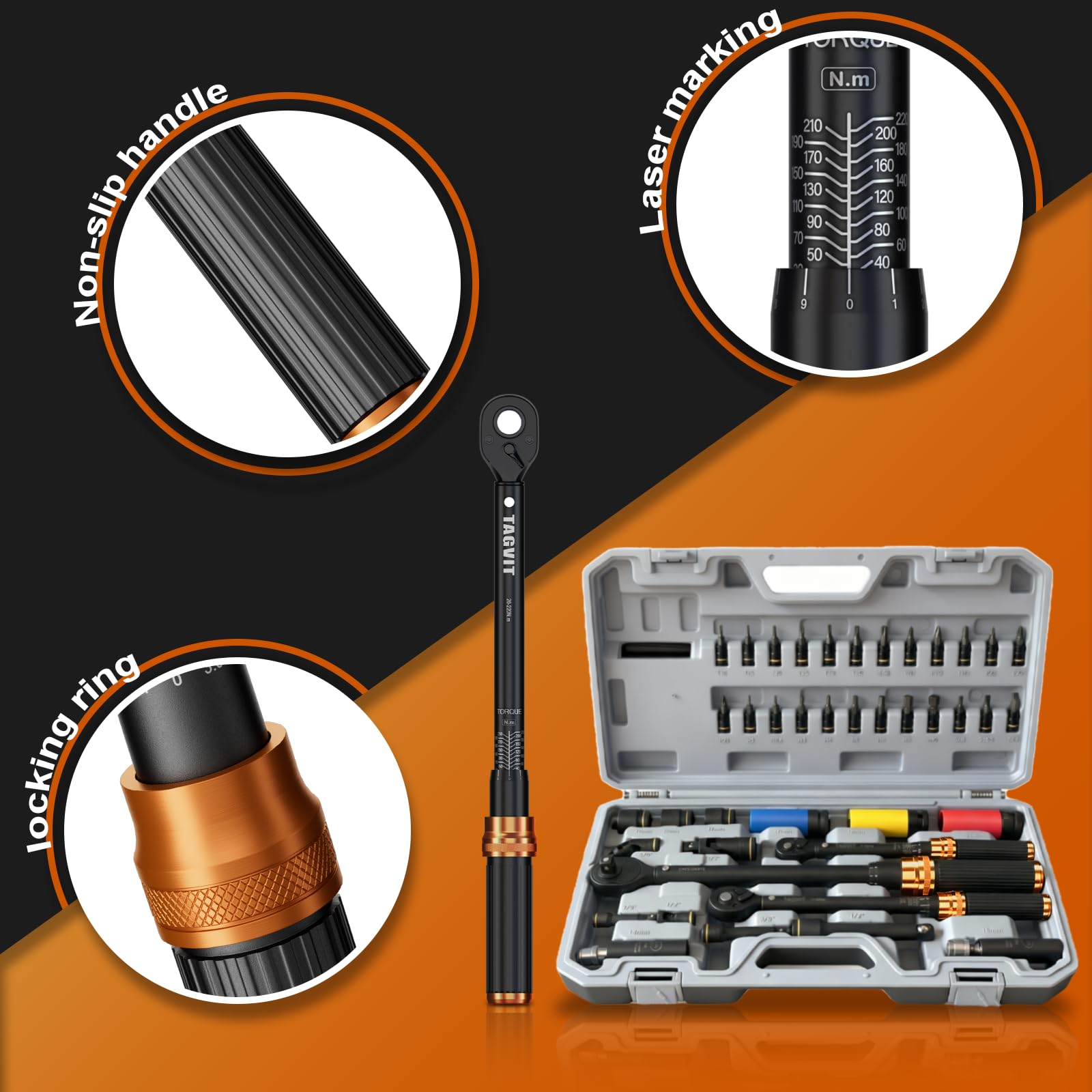 Set di Chiavi Dinamometriche 1/4" 3/8" 1/2" - Kit Completo 41 Pezzi con Bussole e Prolunghe | Acciaio CR-V, Cricchetto 72 Denti, Scala Doppia Alta Precisione per Auto, Bicicletta e Moto
