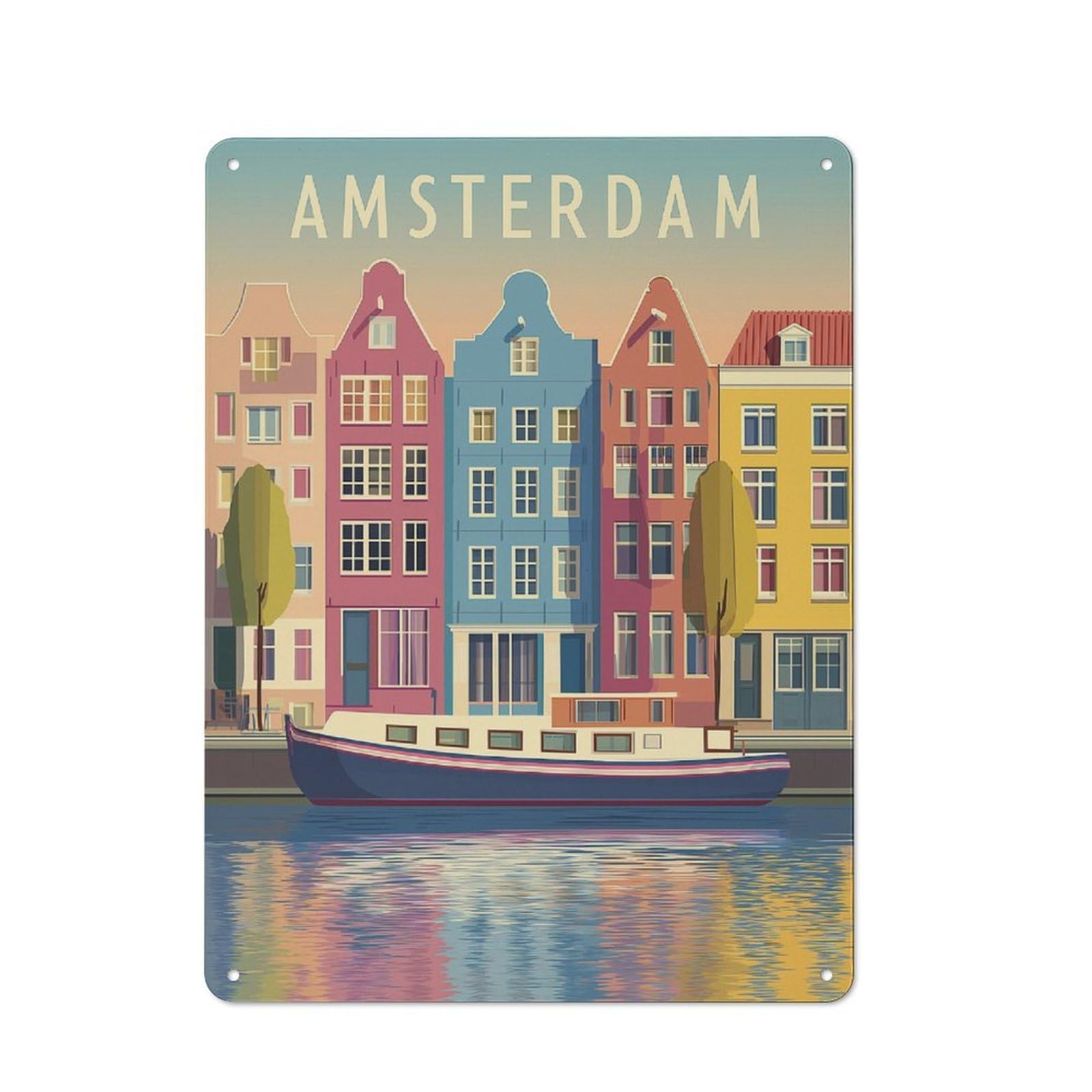 Junmoney Vibrant Amsterdam Canals -1 Metal Sign 40X30cm With For Home Bar Wall, Rustic Decor, For Vintage Wall Decor Fans, For Themed Room Decoration