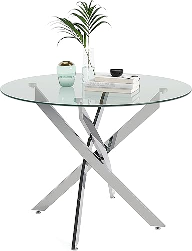 NIERN Mesa de comedor redonda para 4, mesa de cocina circular de vidrio de 31.5 pulgadas con patas cromadas, mesa de comedor moderna para cocina y