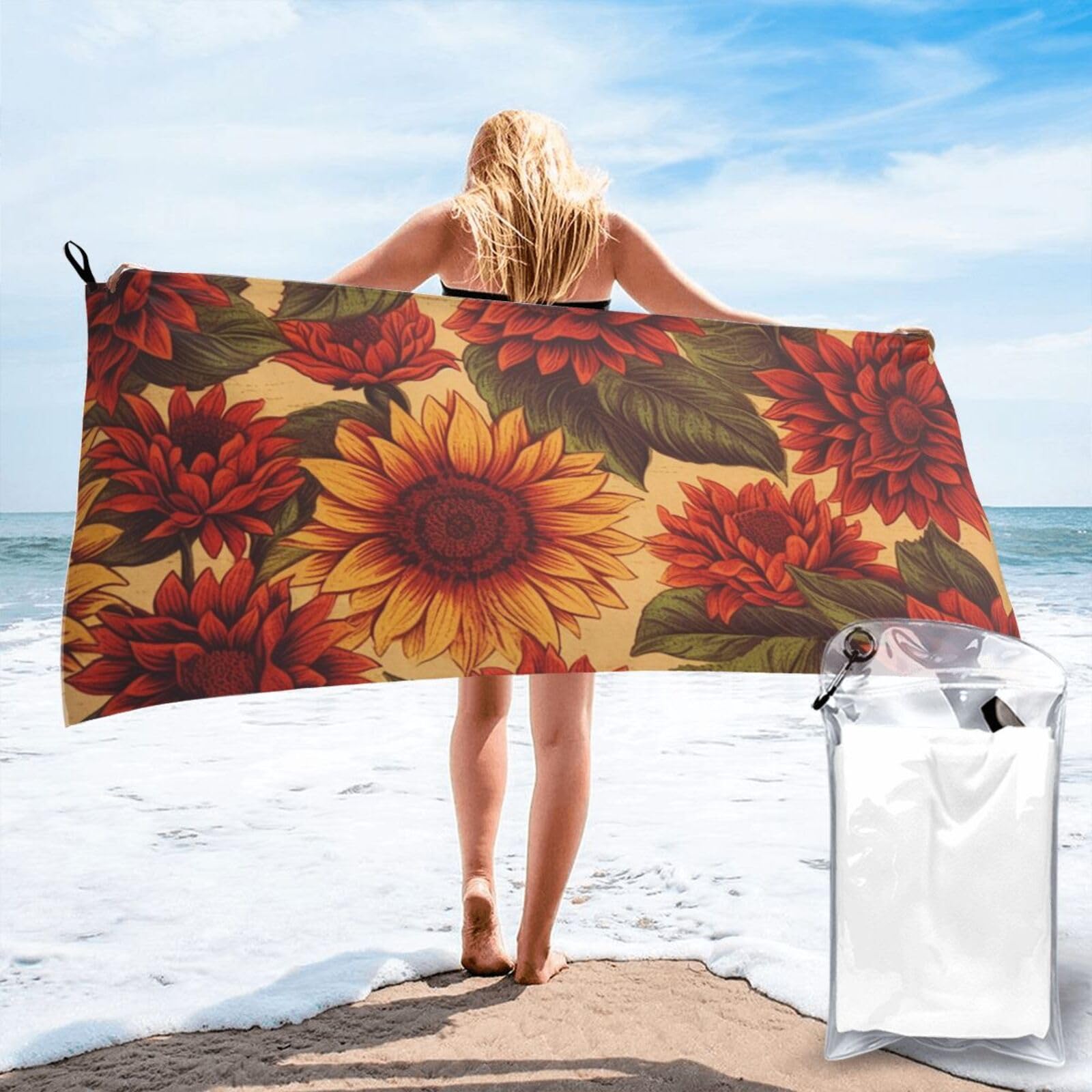 DWVTSLH Microfiber Sand Free Beach Towel 27.5"x55", Quick Dry Absorbent Travel Towel Large Camping Blanket, Red Sunflower Bath Towels Lightweight Pool Swim Towels for Vacation Essentials