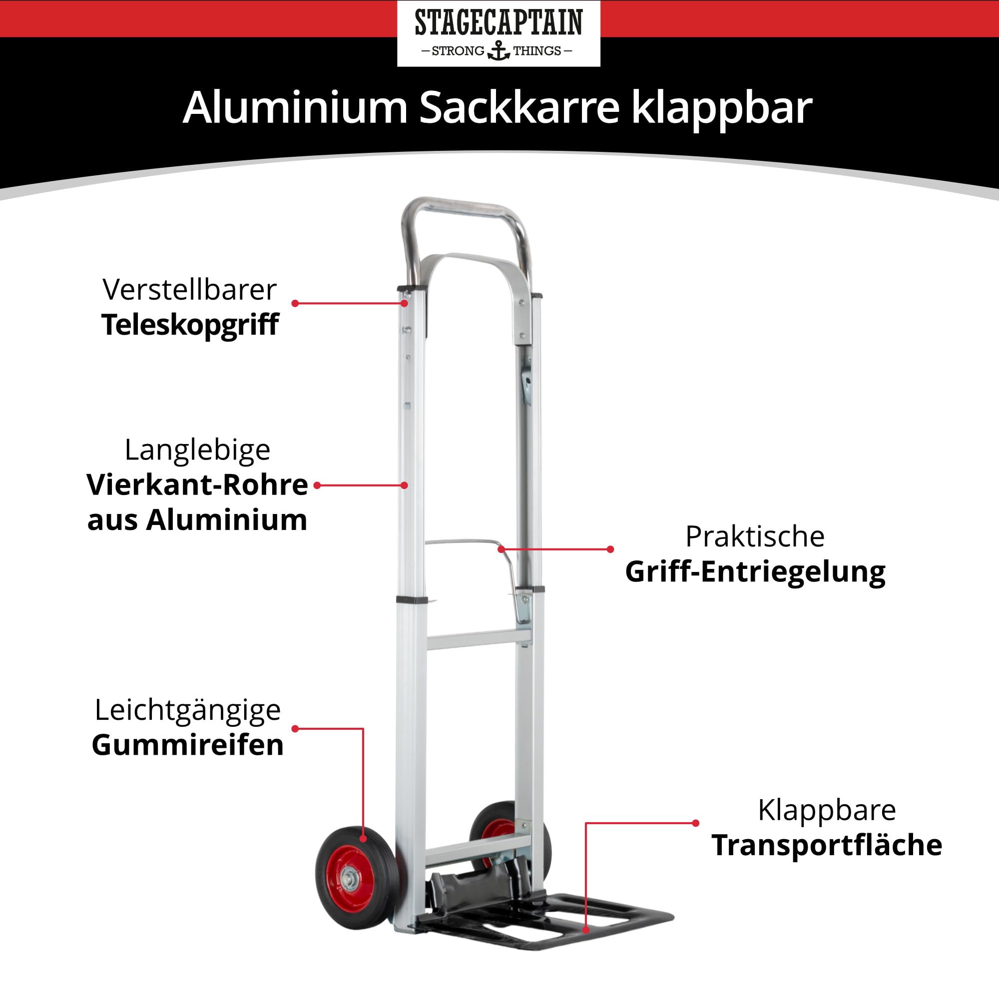 Stagecaptain CBF-100 carrello pieghevole in alluminio, leggero, carico 100kg, pala in acciaio, ruote in gomma. Ideale per traslochi, giardino, magazzino, officina, palco. Argento.
