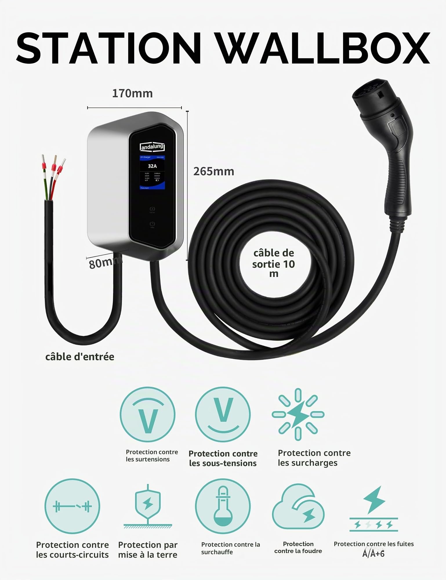 VCS-Z21-7S 7 KW Wallbox 200–250 V avec Wi-FI, Type 2 monophasée | Câble de 10 m, protection IP65, contrôle par application et courant réglable de 6 à 32 A, adaptée aux véhicules électriques