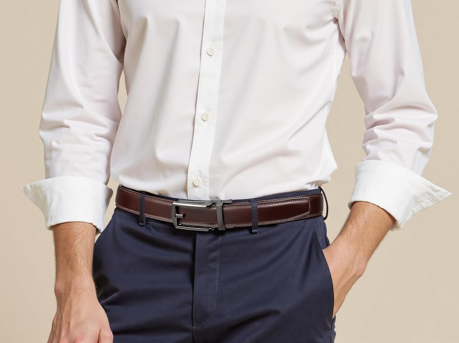 Founders & C Mens Ratchet Belt Leather Click 1 1/4" with Slide Buckle, Casual Dress Belt Adjustable - Image 3